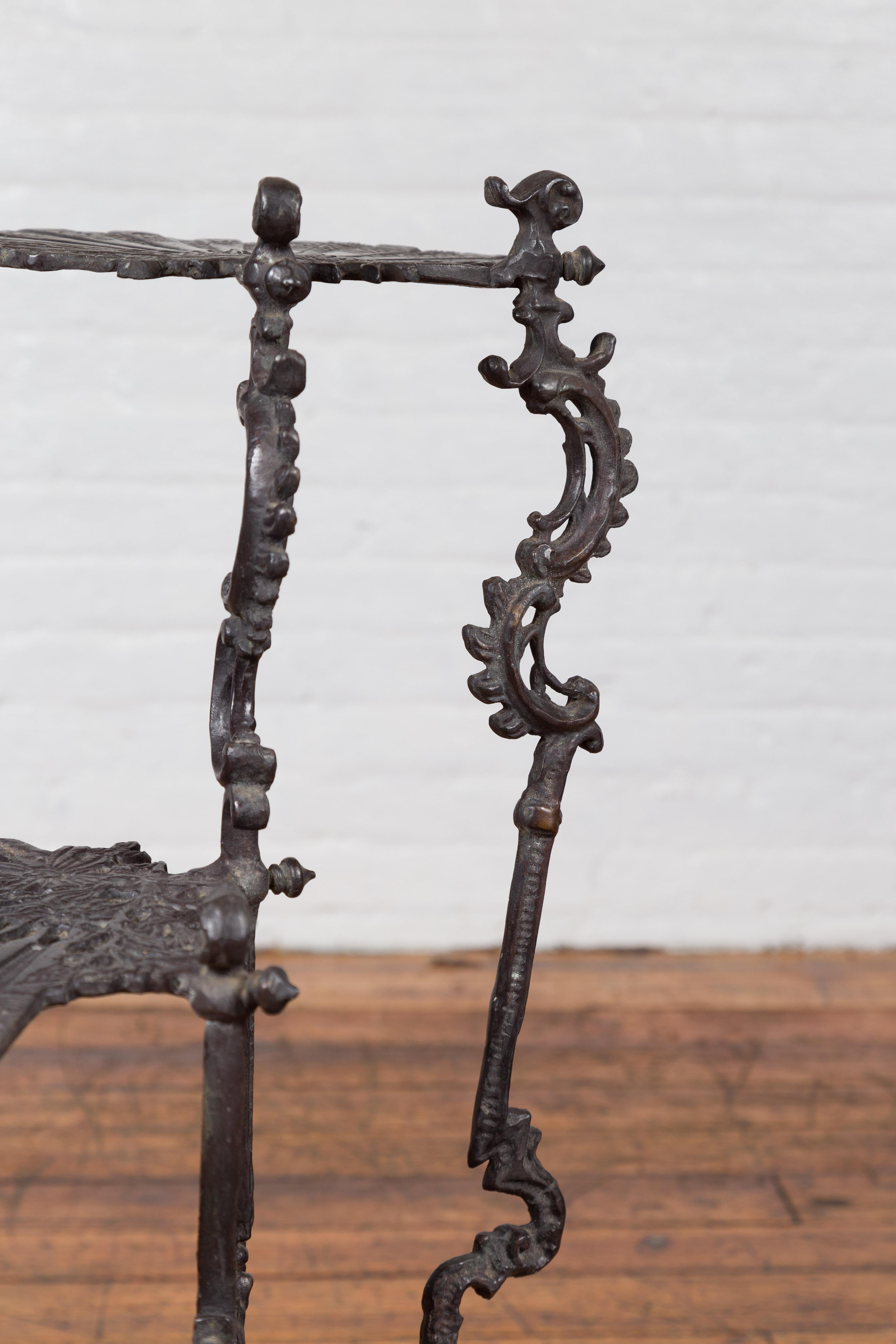 Bronze Display Stand with Fan Shelves, Rococo Style Scrolls and Dark Patina 8