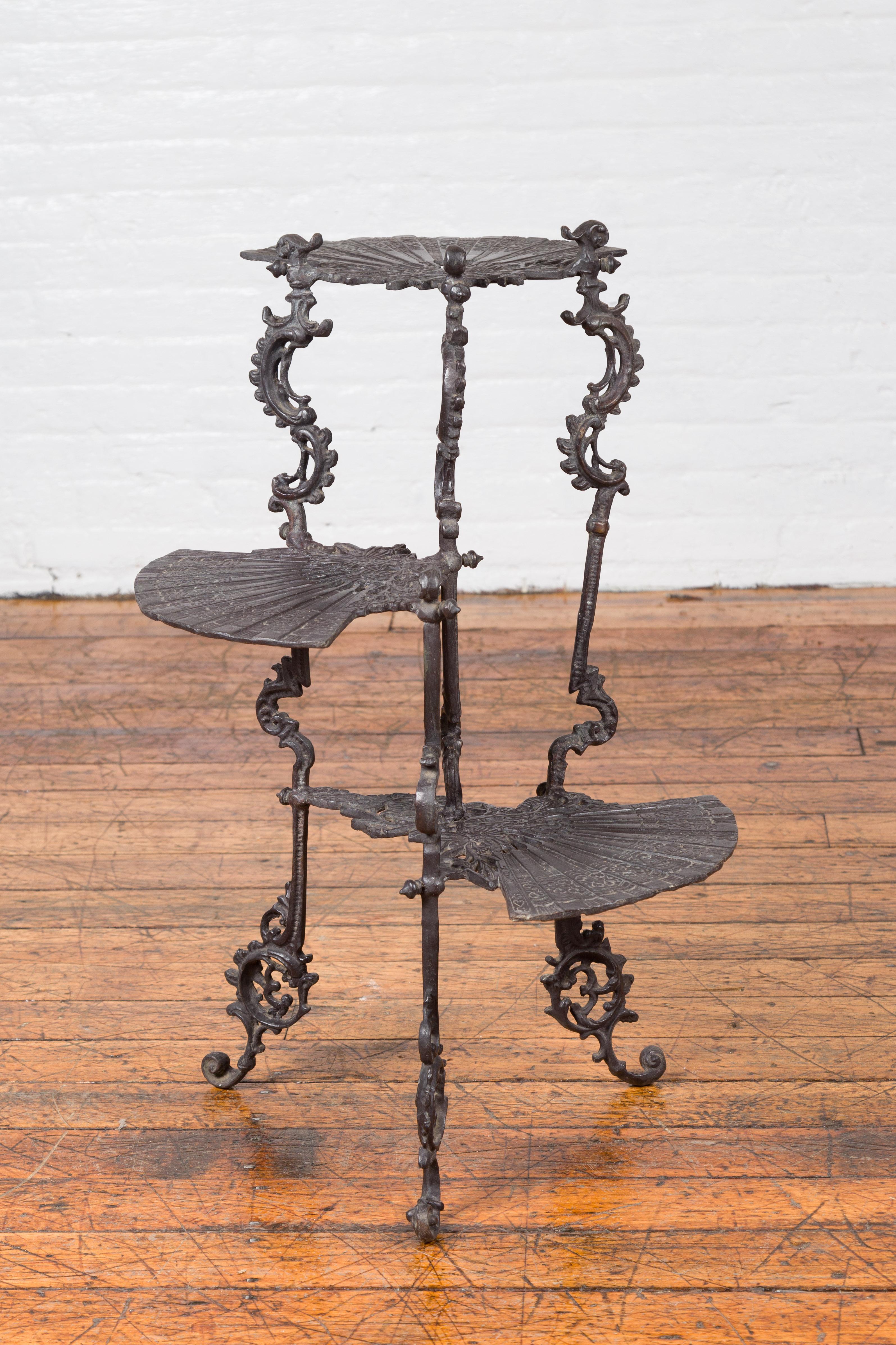 Bronze Display Stand with Fan Shelves, Rococo Style Scrolls and Dark Patina 10