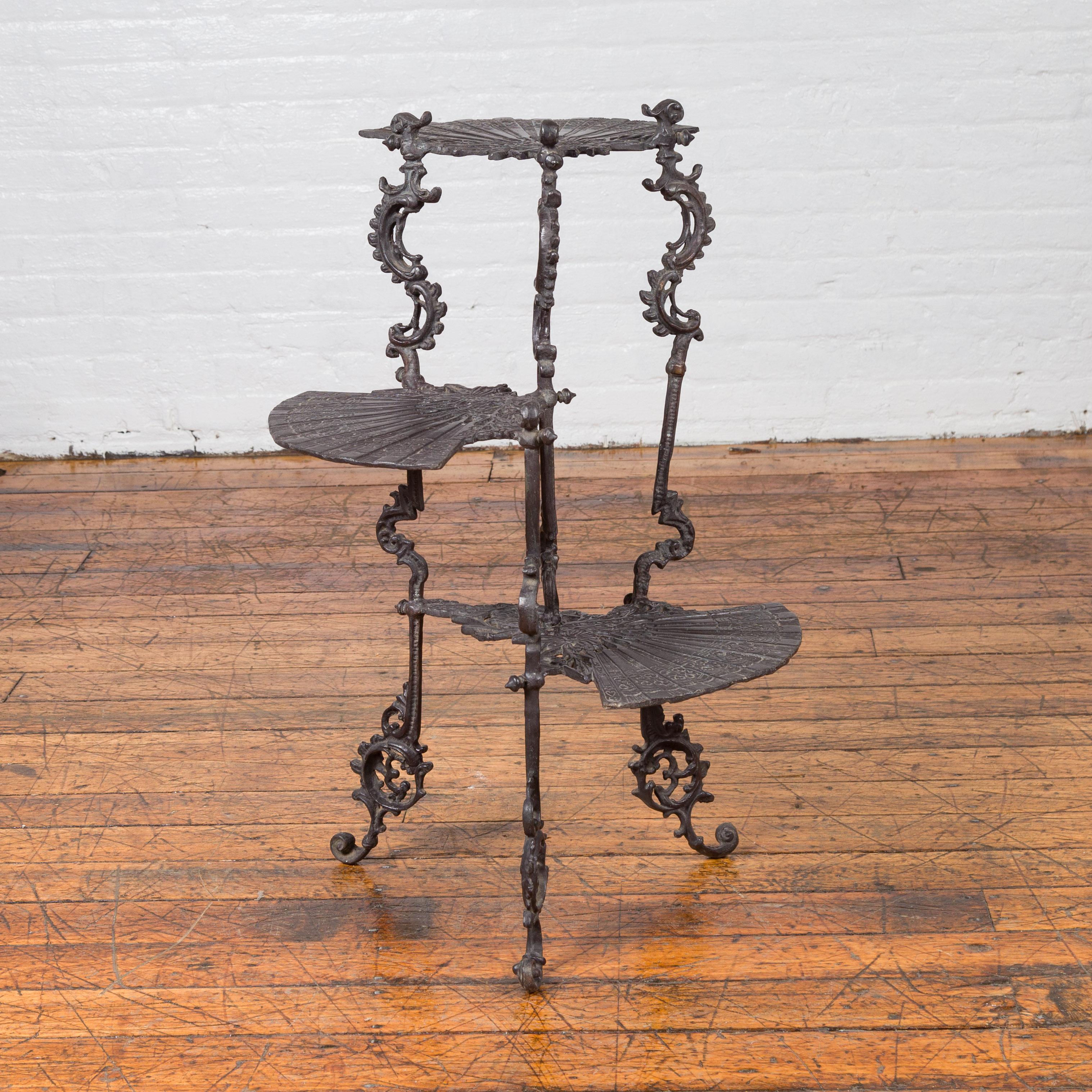 Contemporary Bronze Display Stand with Fan Shelves and Rococo Style Scrolls For Sale 12