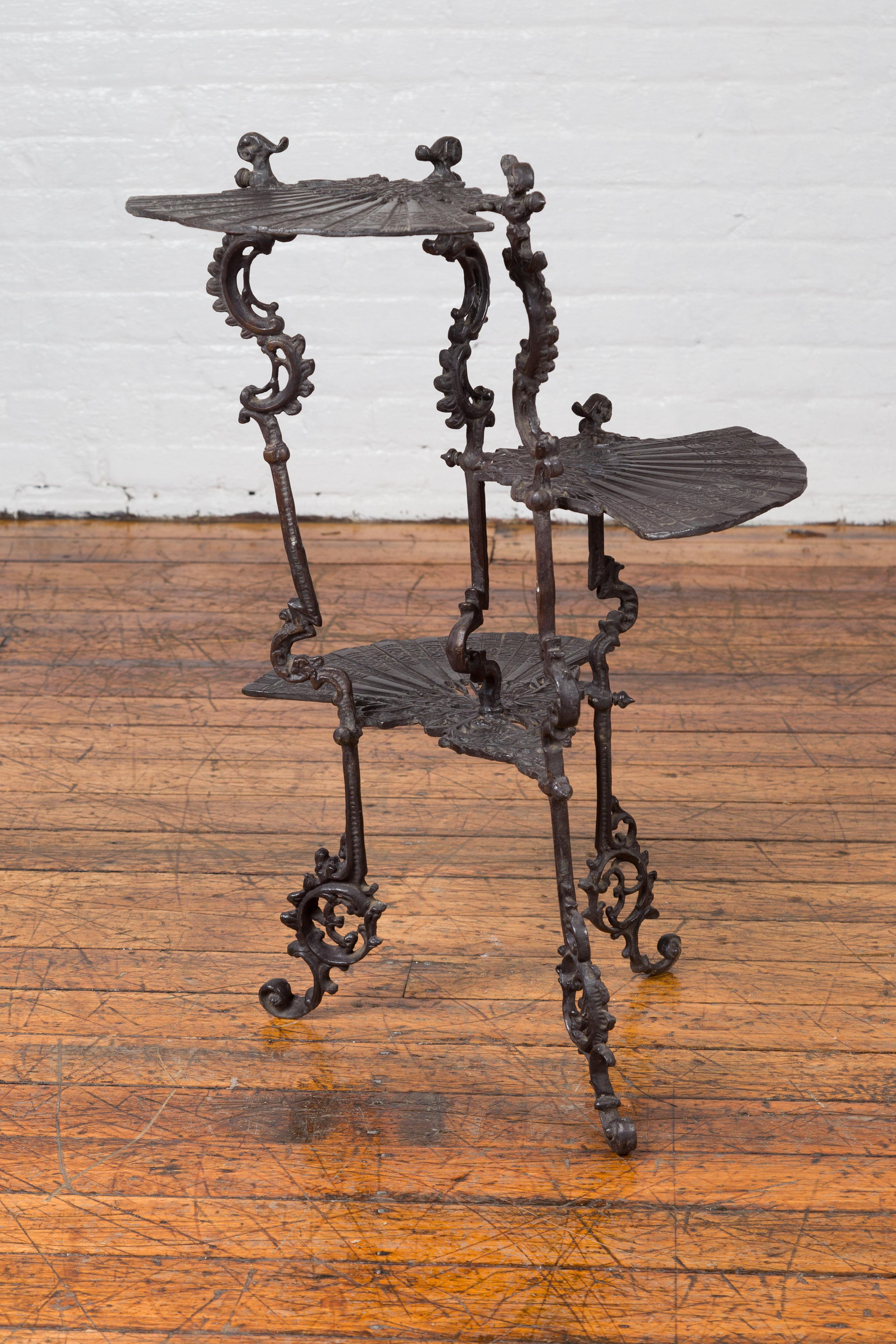 Cast Contemporary Bronze Display Stand with Fan Shelves and Rococo Style Scrolls For Sale