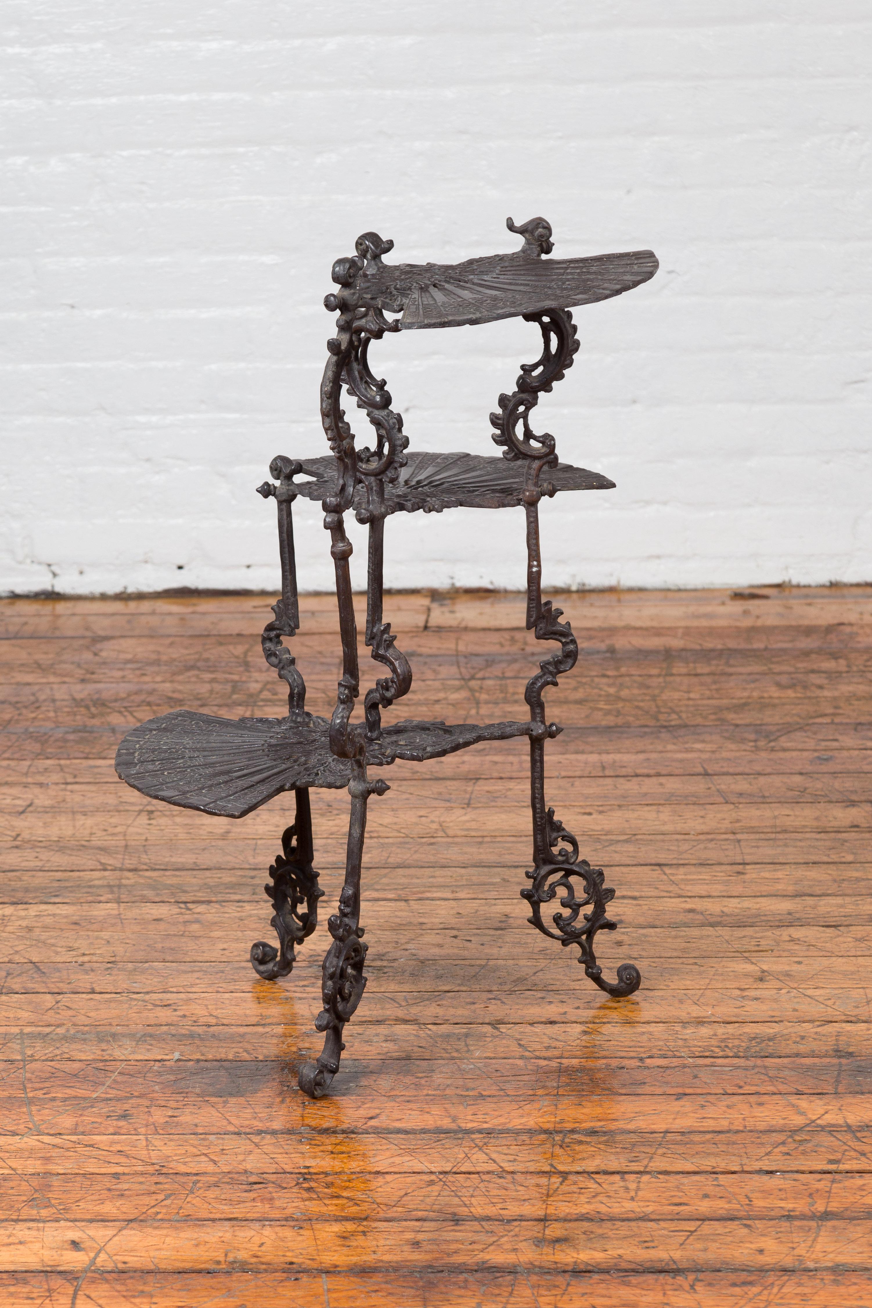 Contemporary Bronze Display Stand with Fan Shelves and Rococo Style Scrolls In Good Condition For Sale In Yonkers, NY