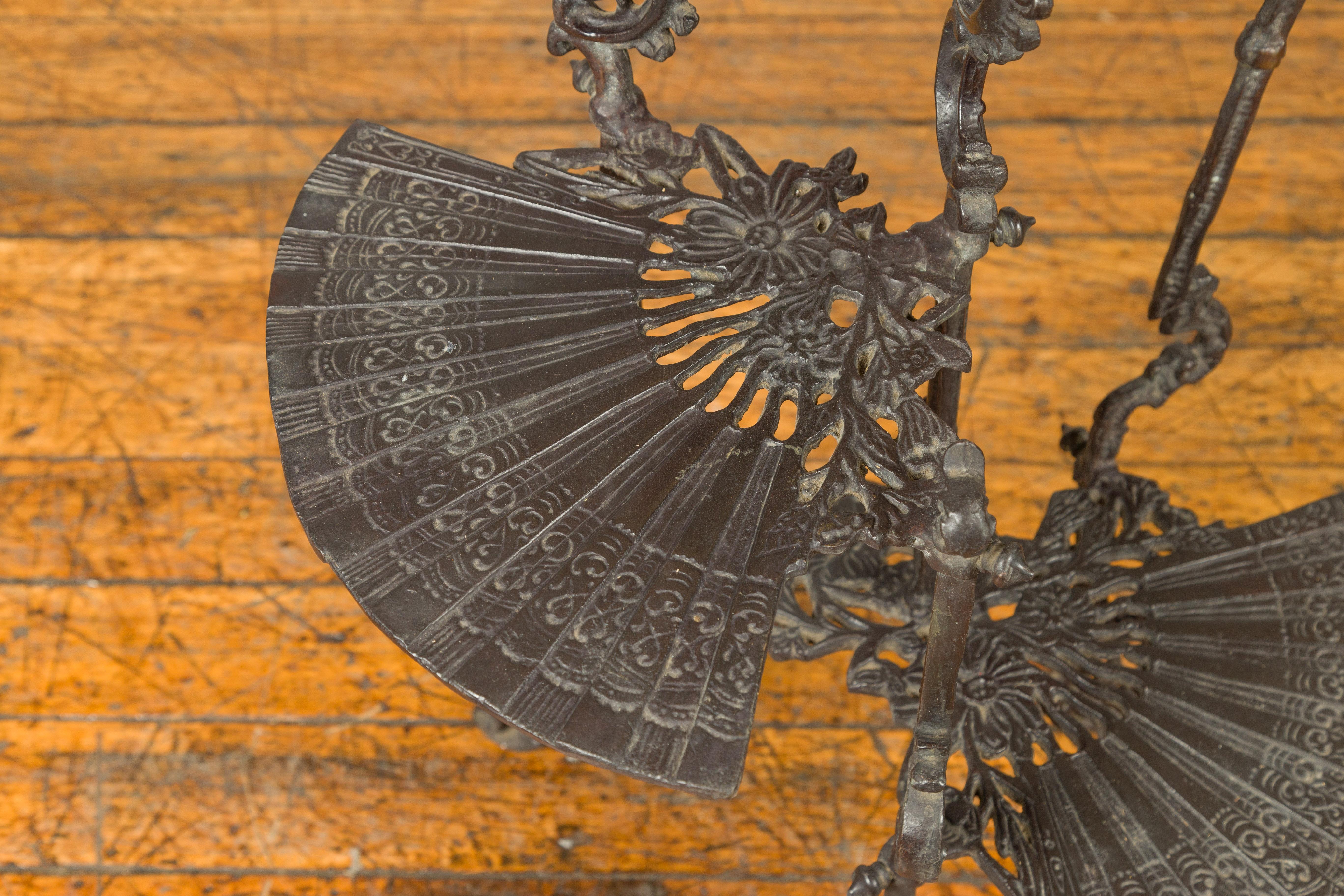 Bronze Display Stand with Fan Shelves, Rococo Style Scrolls and Dark Patina 1
