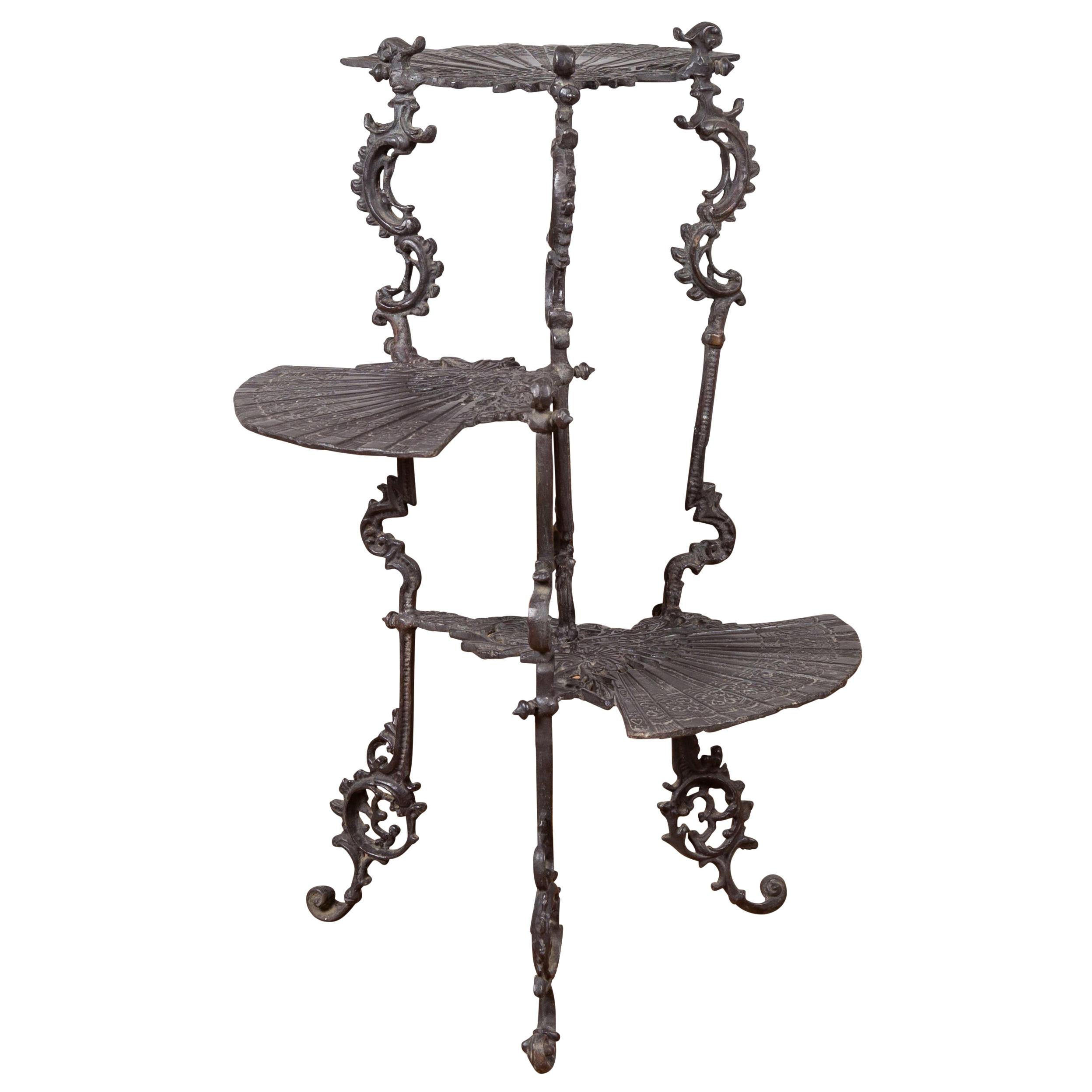 Contemporary Bronze Display Stand with Fan Shelves and Rococo Style Scrolls For Sale