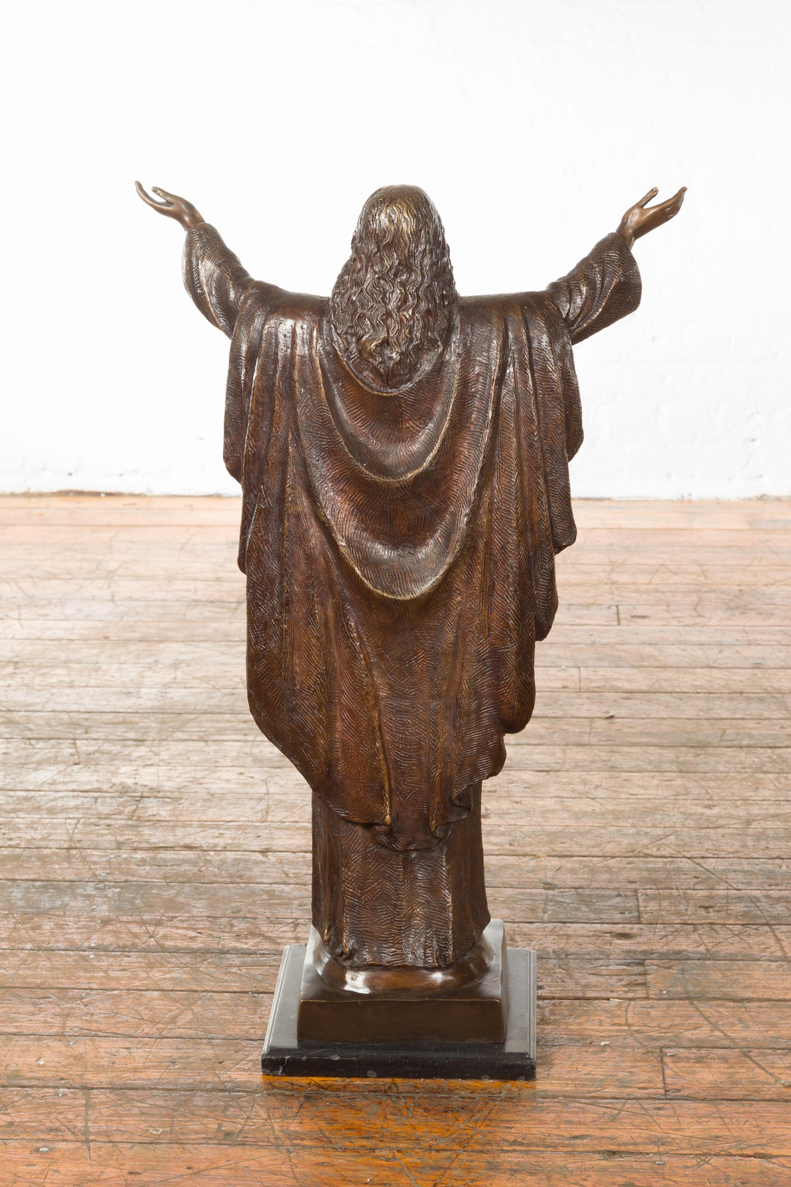 Contemporary Bronze Lost Wax Statue of Jesus with Wide Open Arms on Base For Sale 4