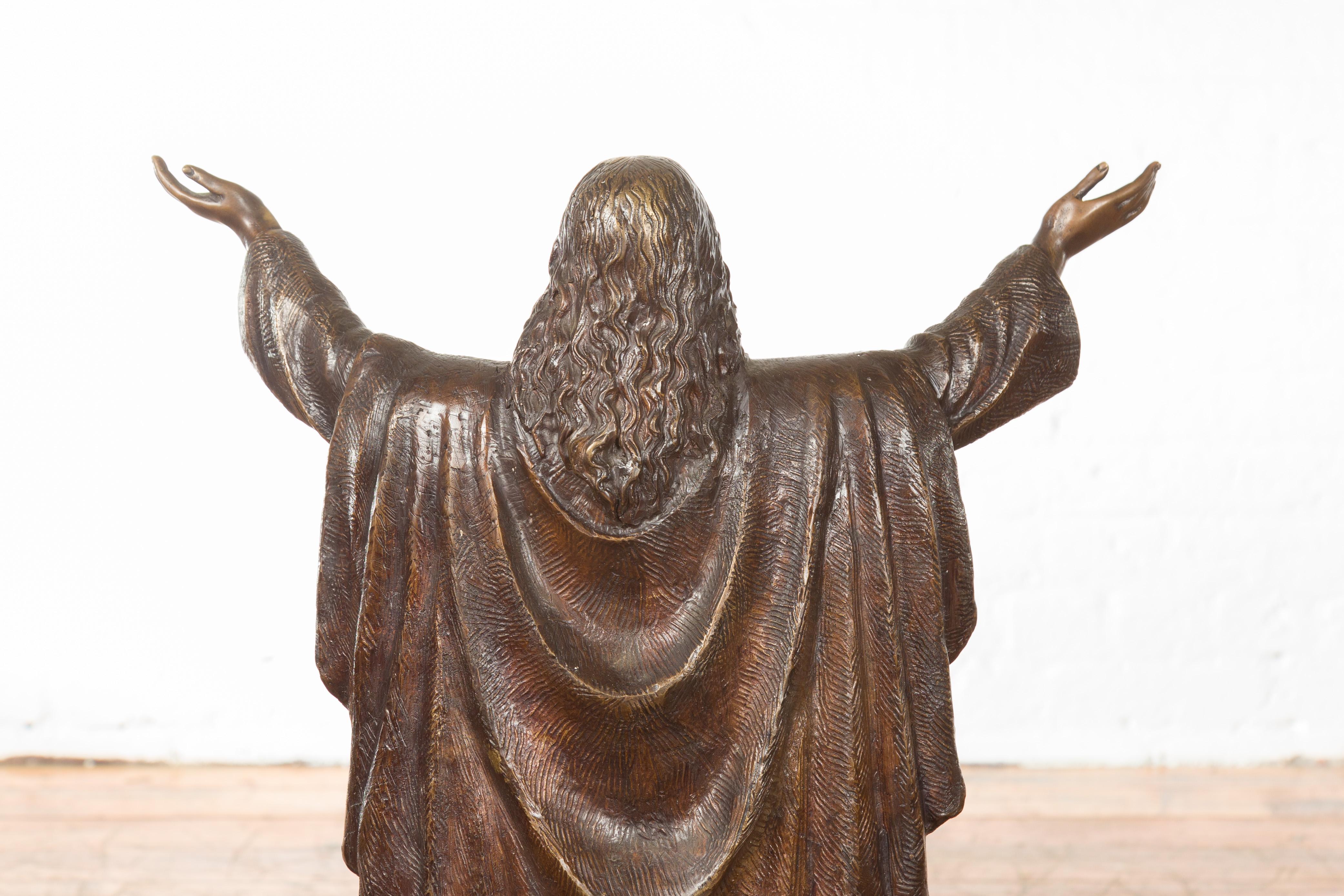 Contemporary Bronze Lost Wax Statue of Jesus with Wide Open Arms on Base For Sale 5