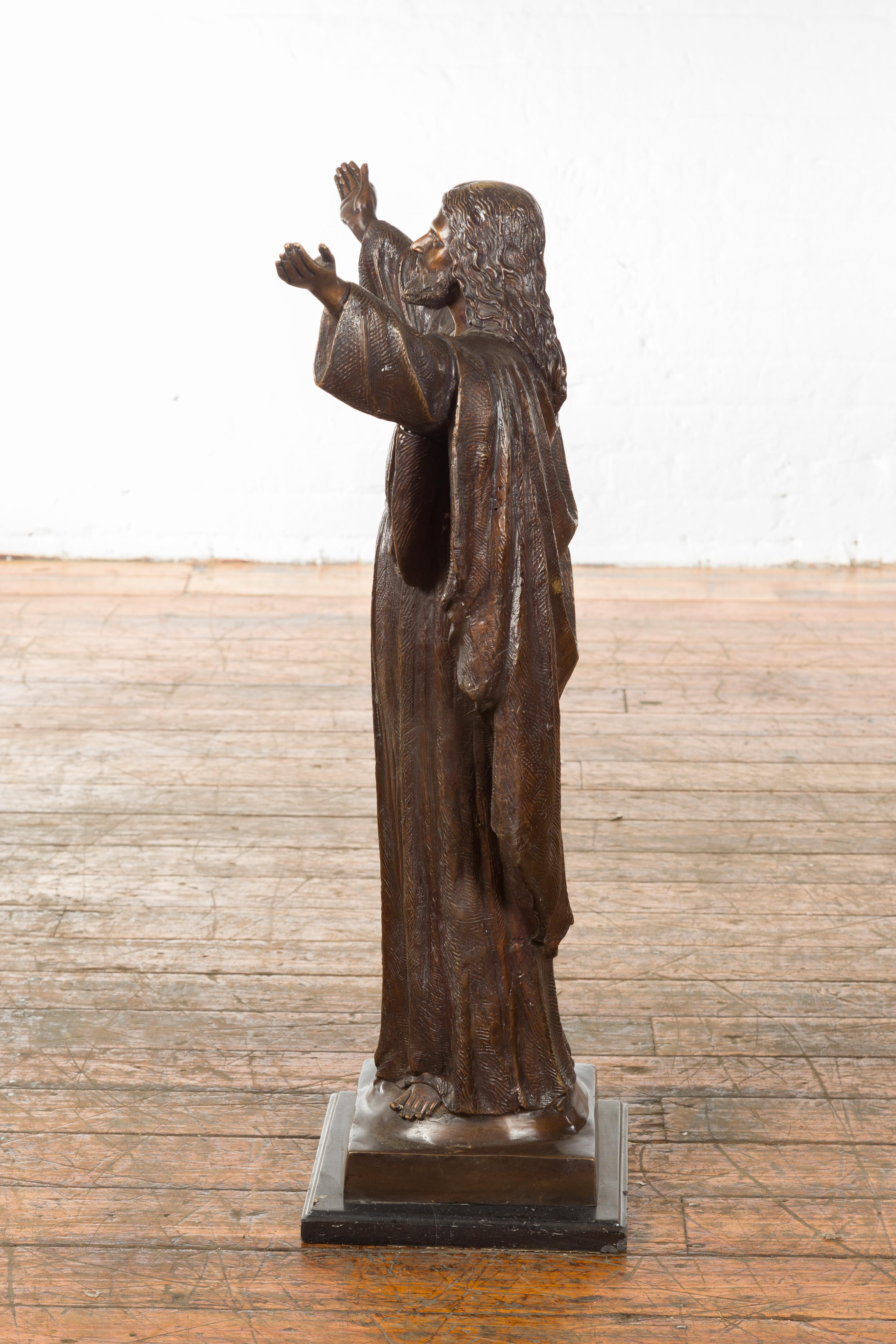 Contemporary Bronze Lost Wax Statue of Jesus with Wide Open Arms on Base For Sale 6
