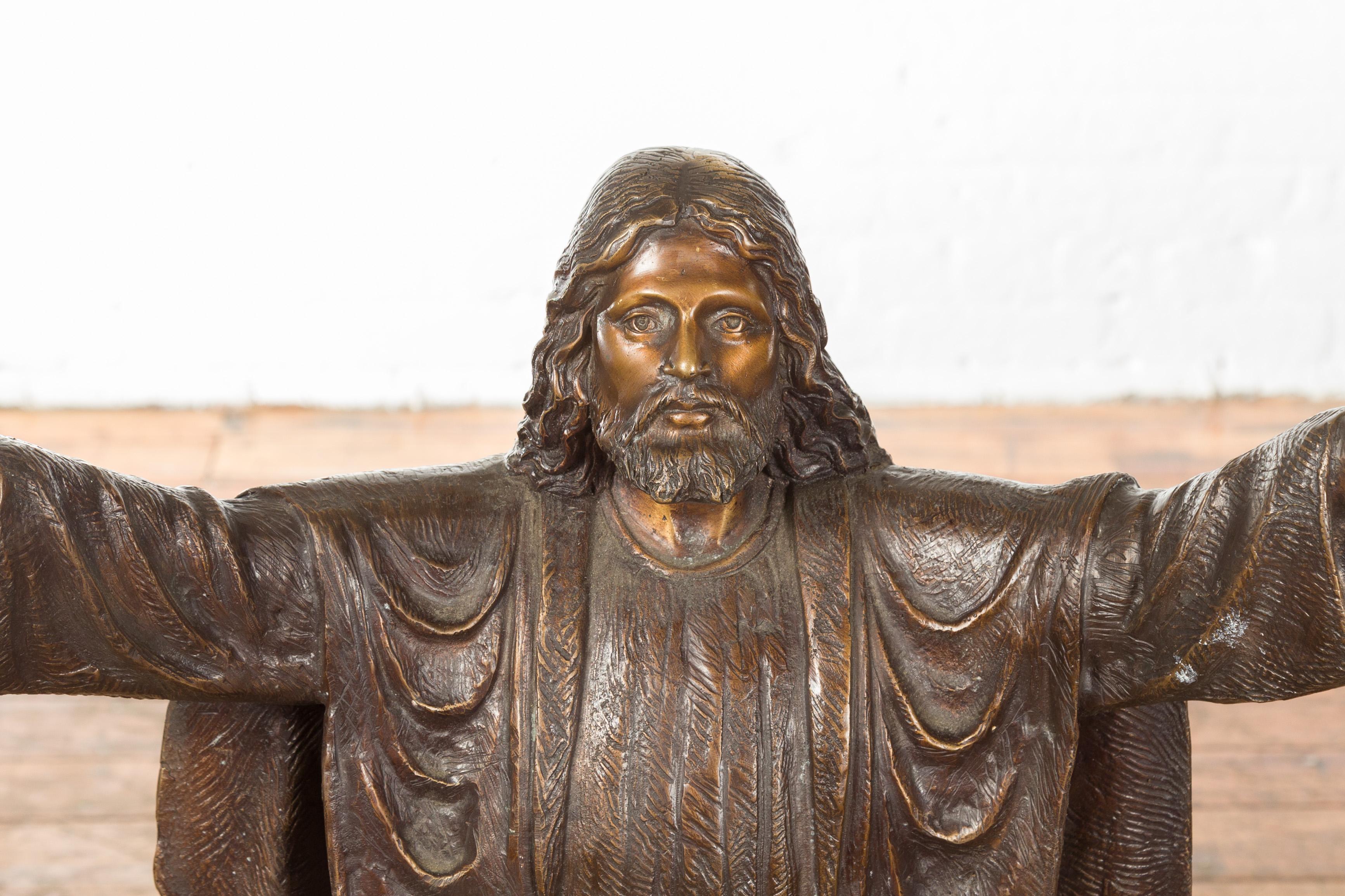 Contemporary Bronze Lost Wax Statue of Jesus with Wide Open Arms on Base For Sale 1