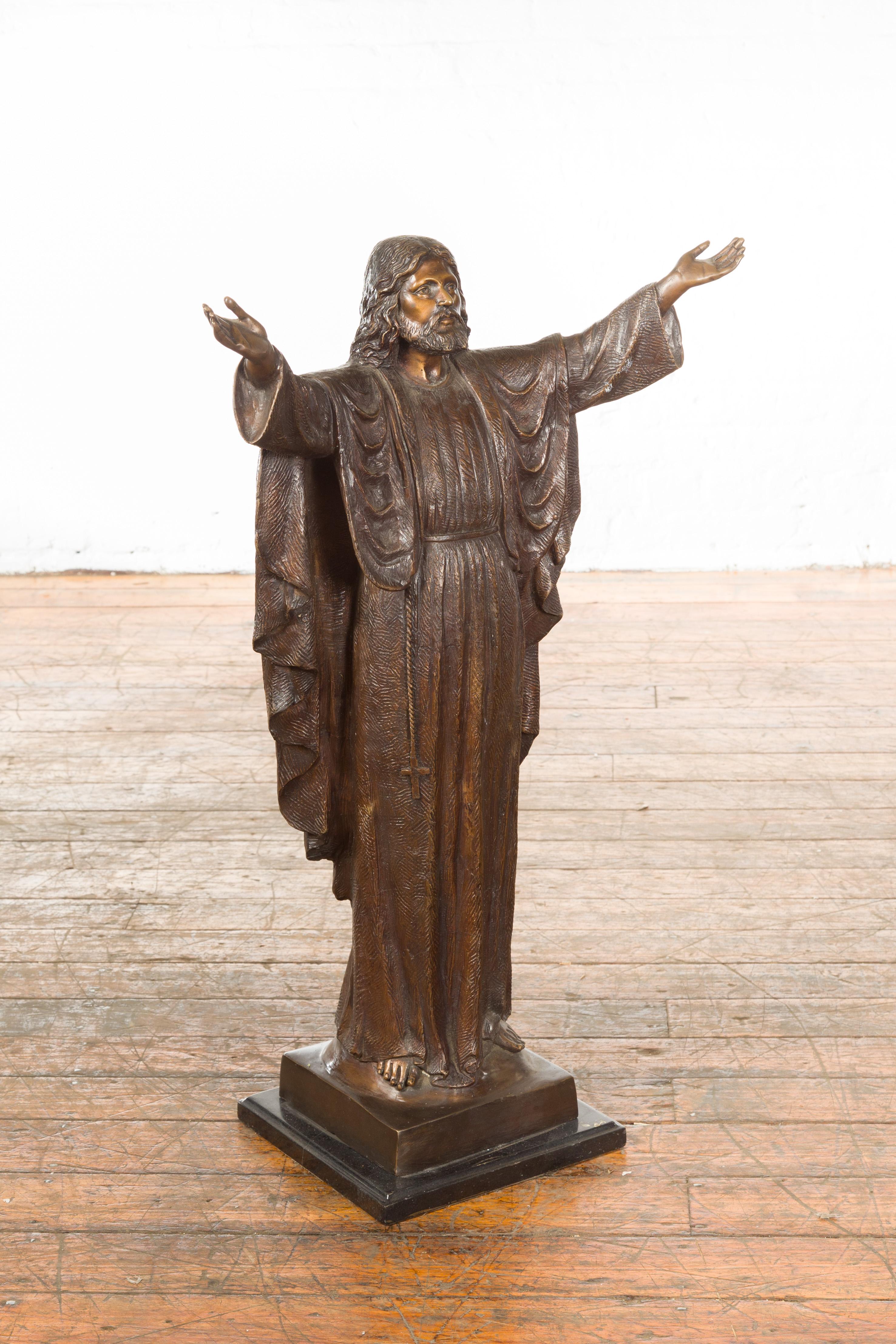 Contemporary Bronze Lost Wax Statue of Jesus with Wide Open Arms on Base For Sale 2