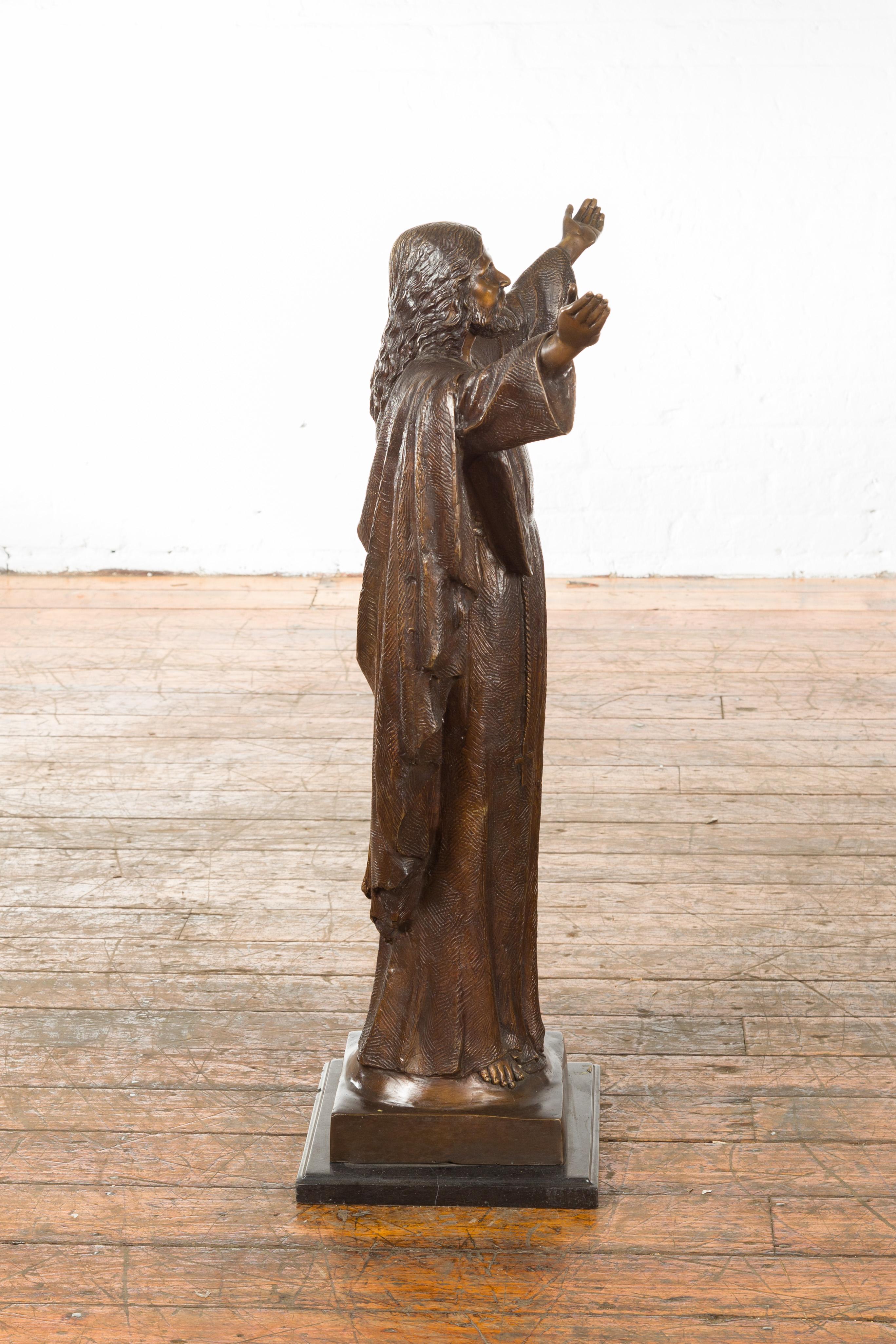 Contemporary Bronze Lost Wax Statue of Jesus with Wide Open Arms on Base For Sale 3