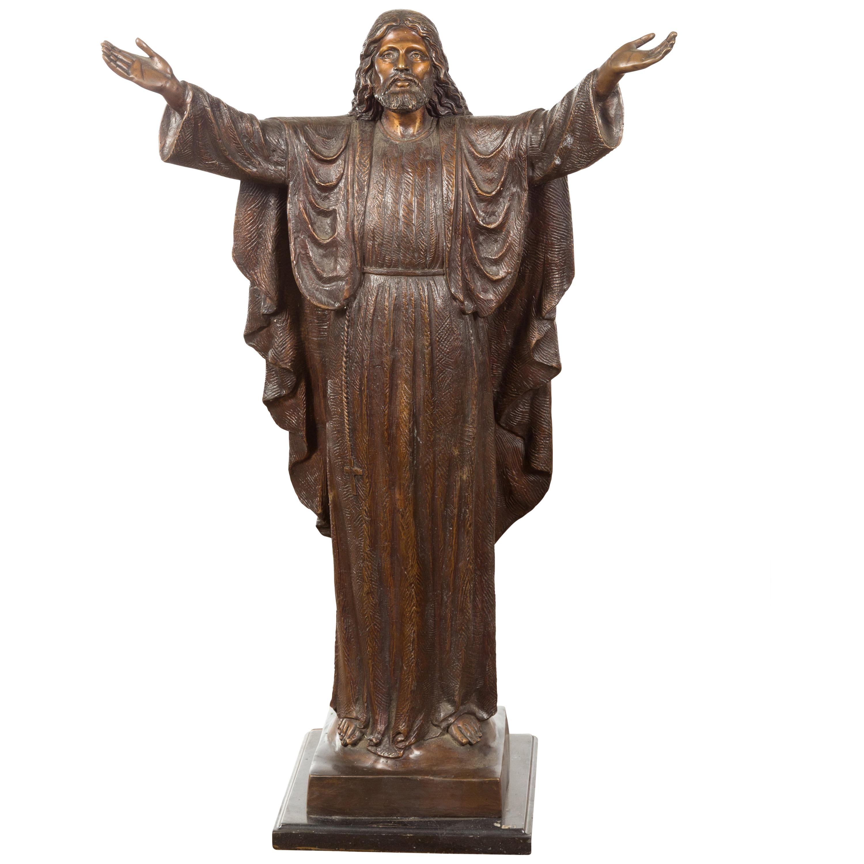 Contemporary Bronze Lost Wax Statue of Jesus with Wide Open Arms on Base For Sale