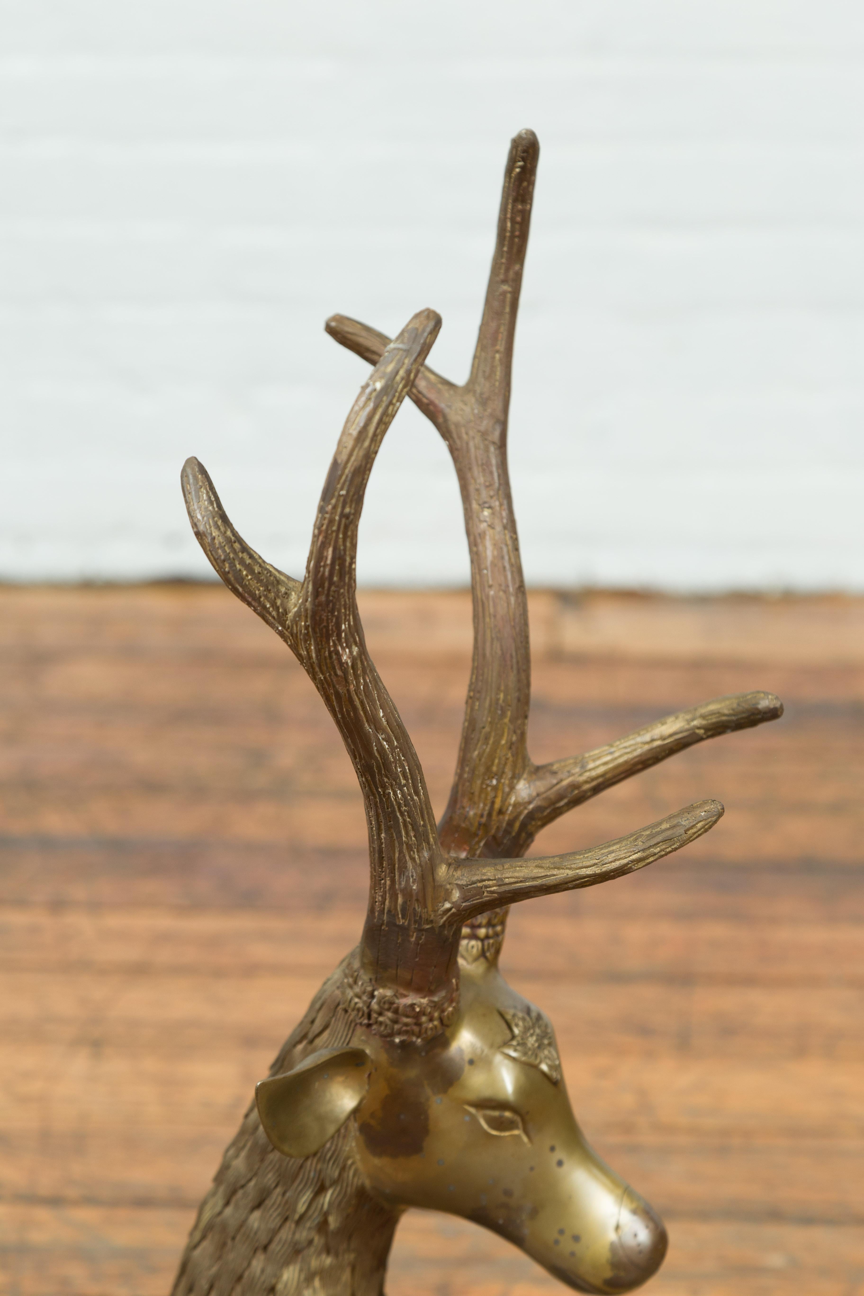 Contemporary Bronze Reclining Deer Statue with Golden Patina and Large Antlers 4