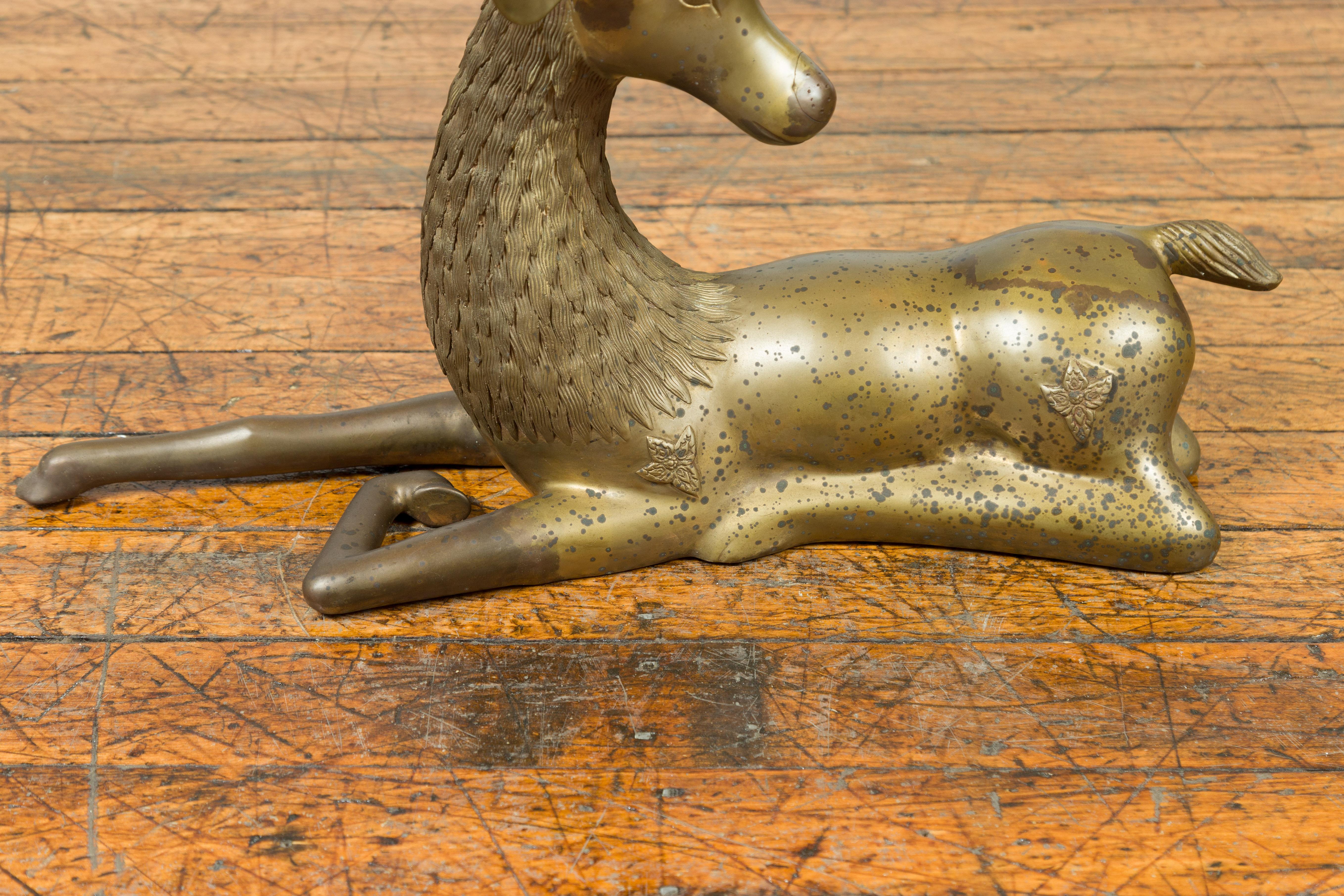 Contemporary Bronze Reclining Deer Statue with Golden Patina and Large Antlers 5