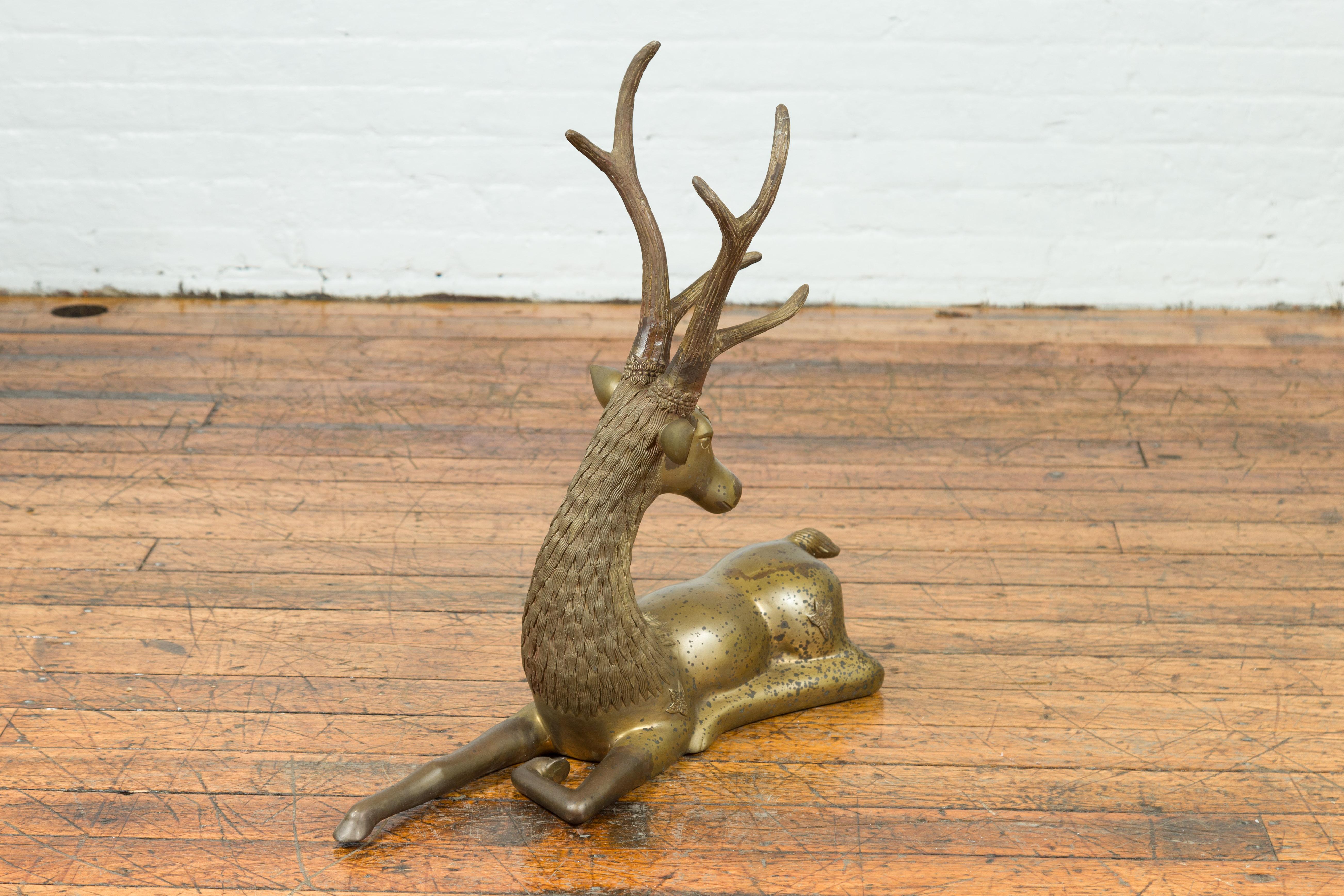 Contemporary Bronze Reclining Deer Statue with Golden Patina and Large Antlers 6