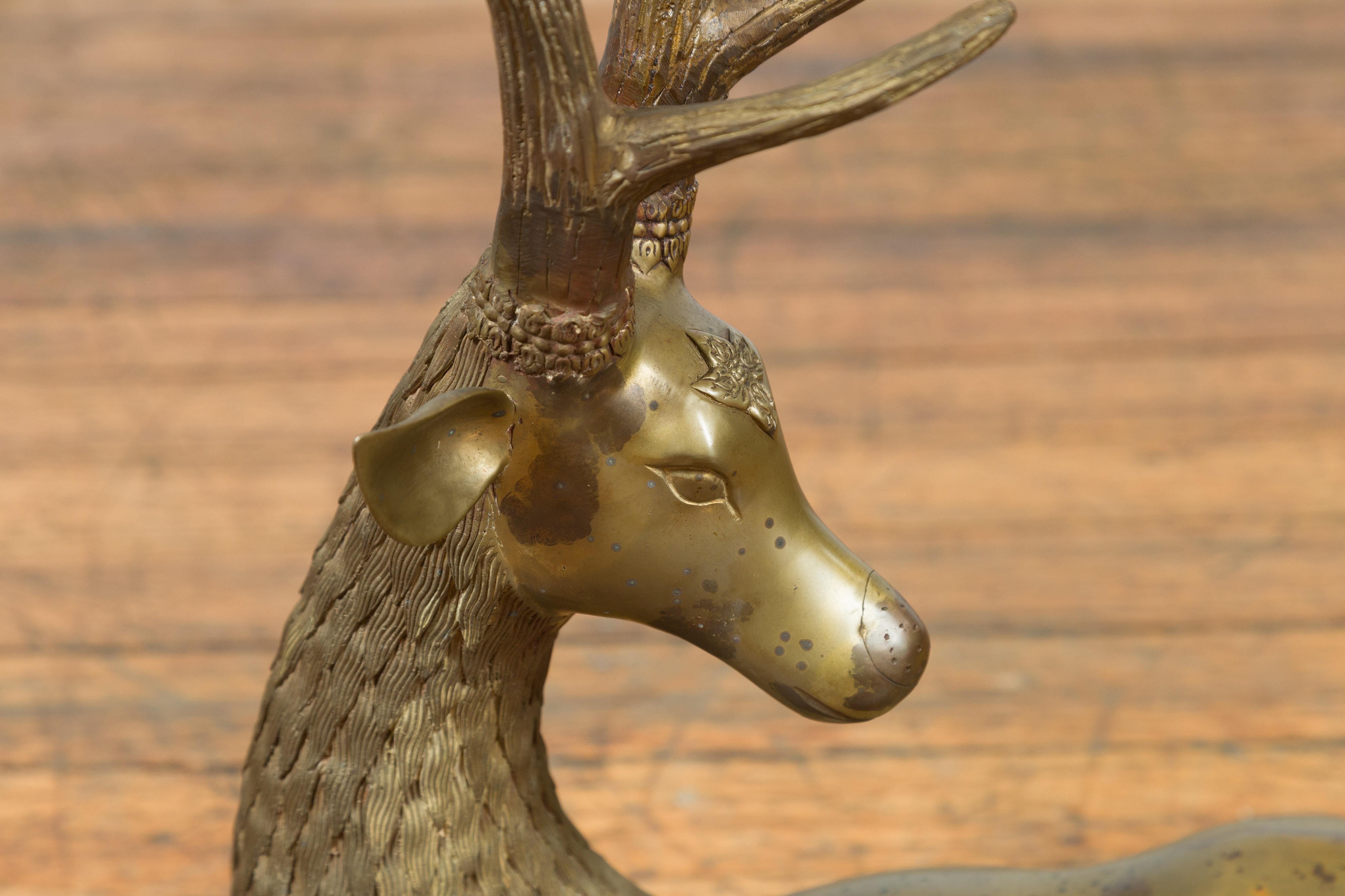 Contemporary Bronze Reclining Deer Statue with Golden Patina and Large Antlers 7