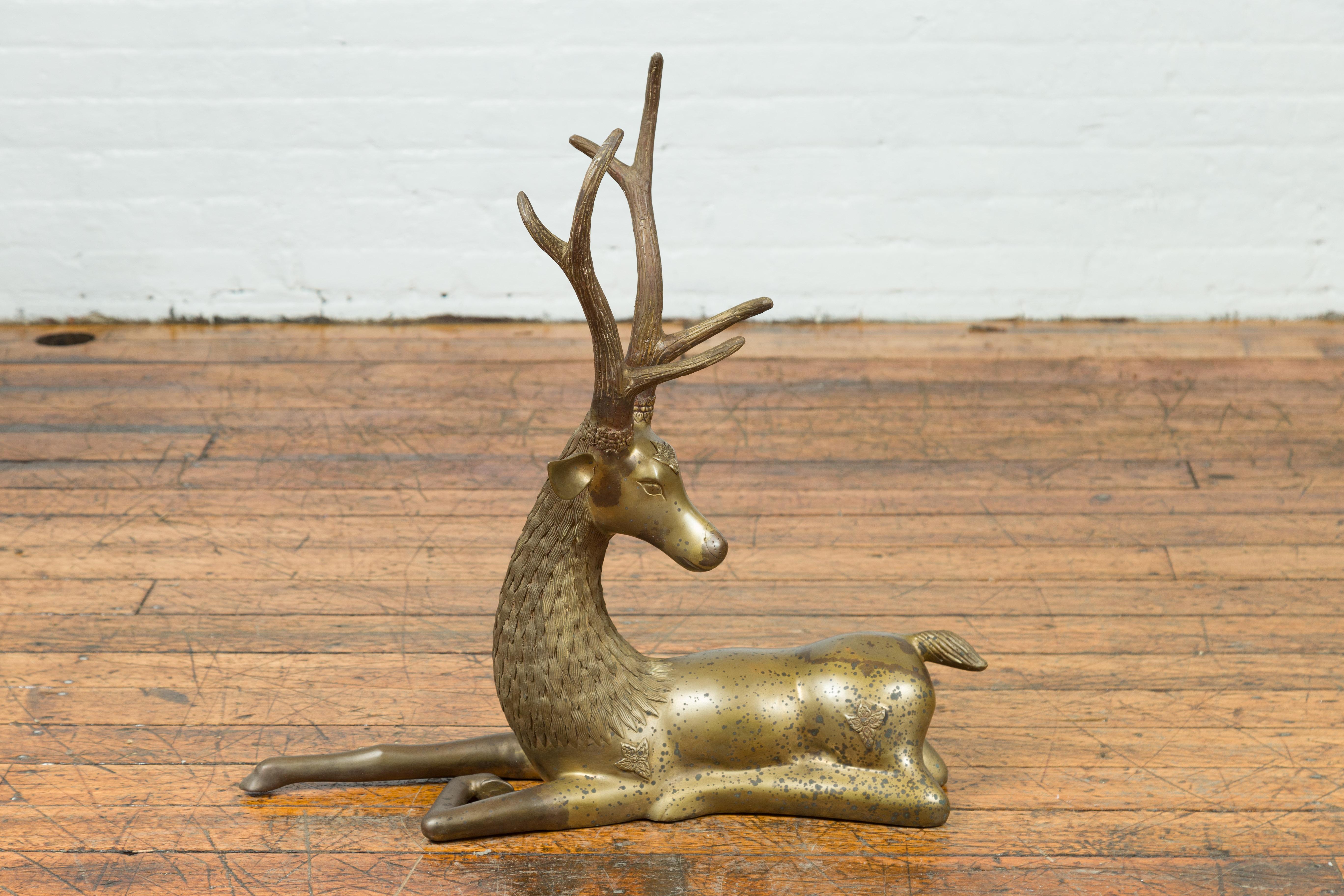 Contemporary Bronze Reclining Deer Statue with Golden Patina and Large Antlers 8
