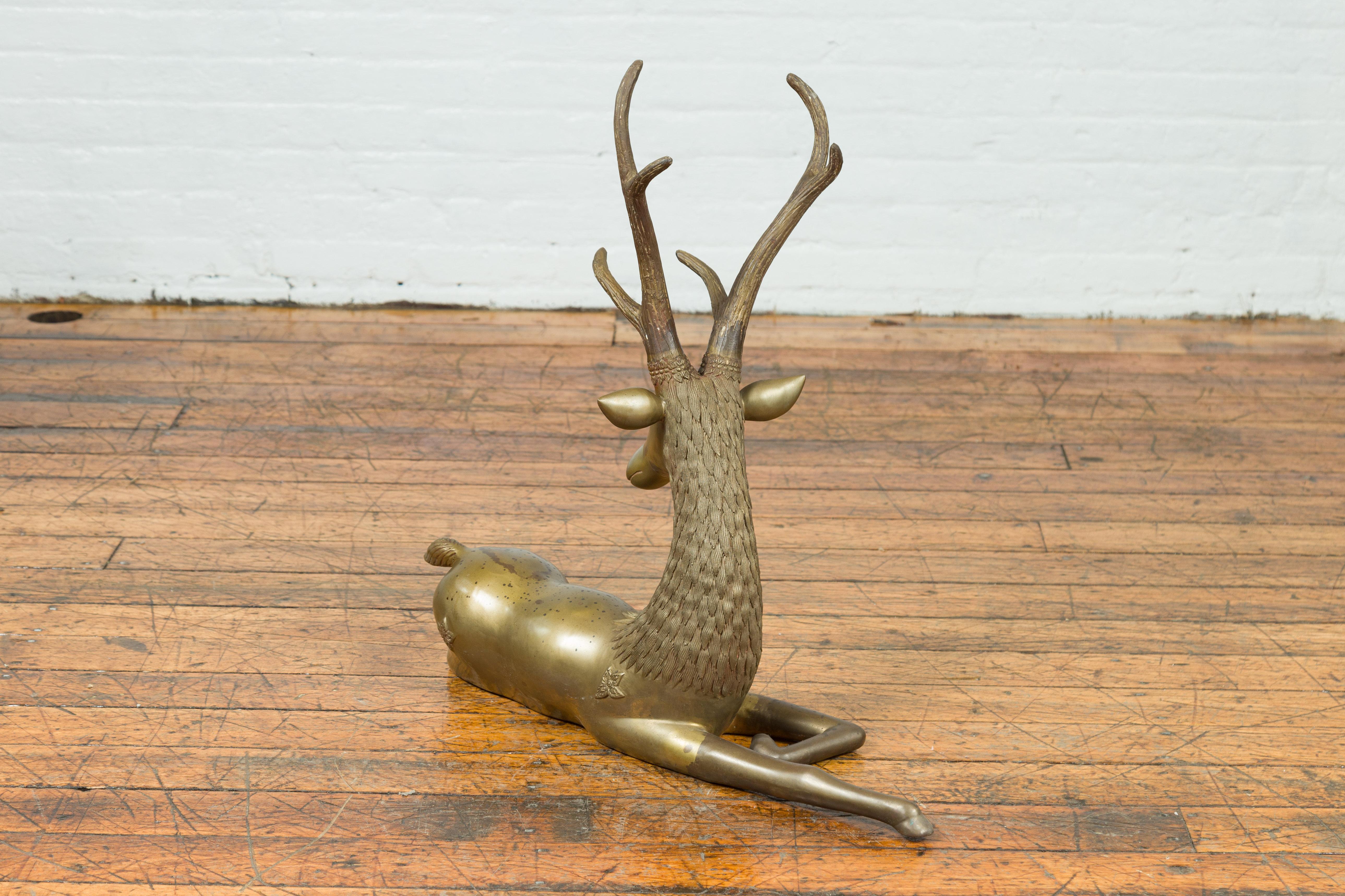 Contemporary Bronze Reclining Deer Statue with Golden Patina and Large Antlers 2