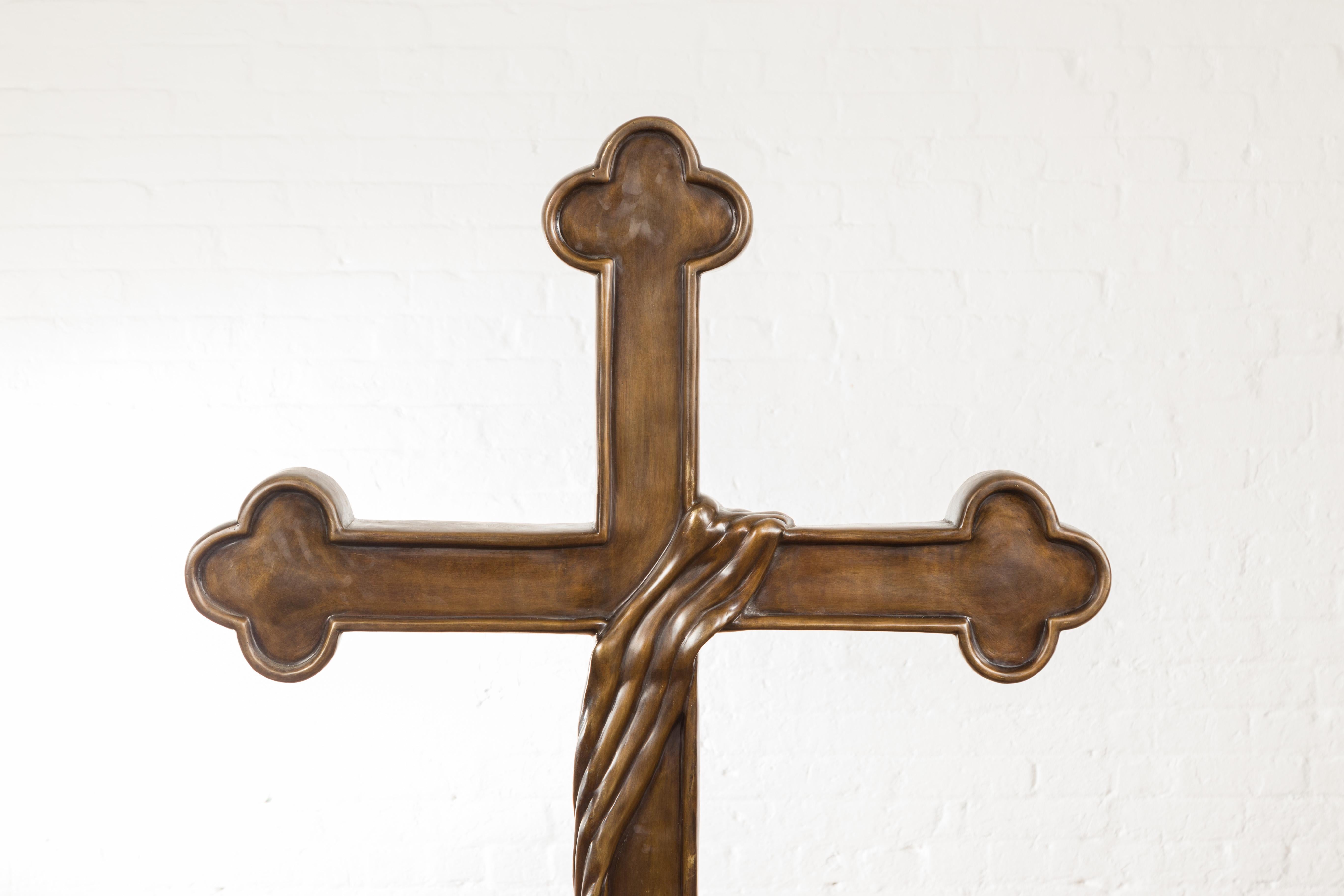 Contemporary Bronze Religious Cross with Trifold Extremities and Rocky Base In Good Condition For Sale In Yonkers, NY