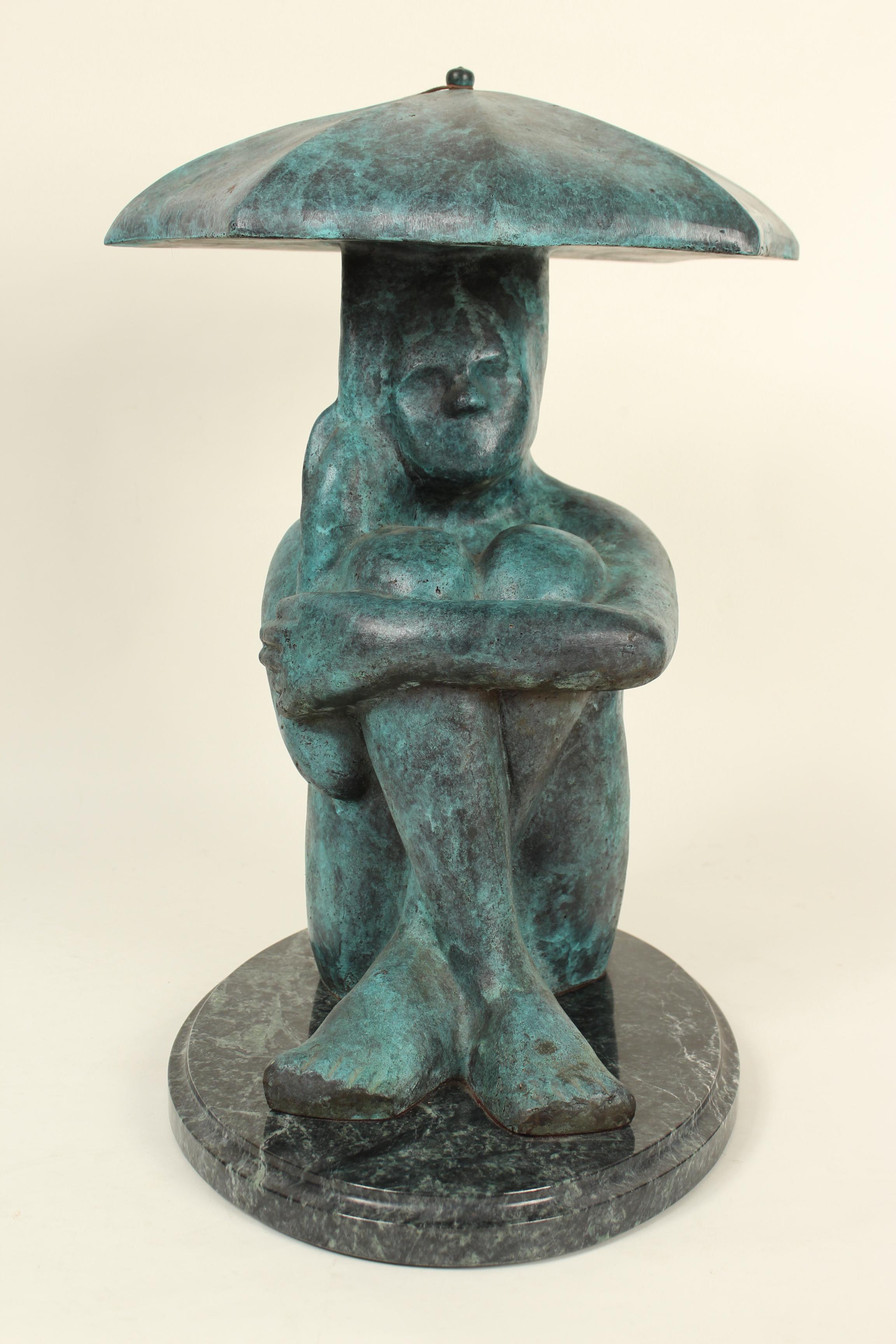 Contemporary figurative bronze sculpture of a seated person holding a parasol resting on a marble base, by Mexican artist Victor Salmones (1937-1989).