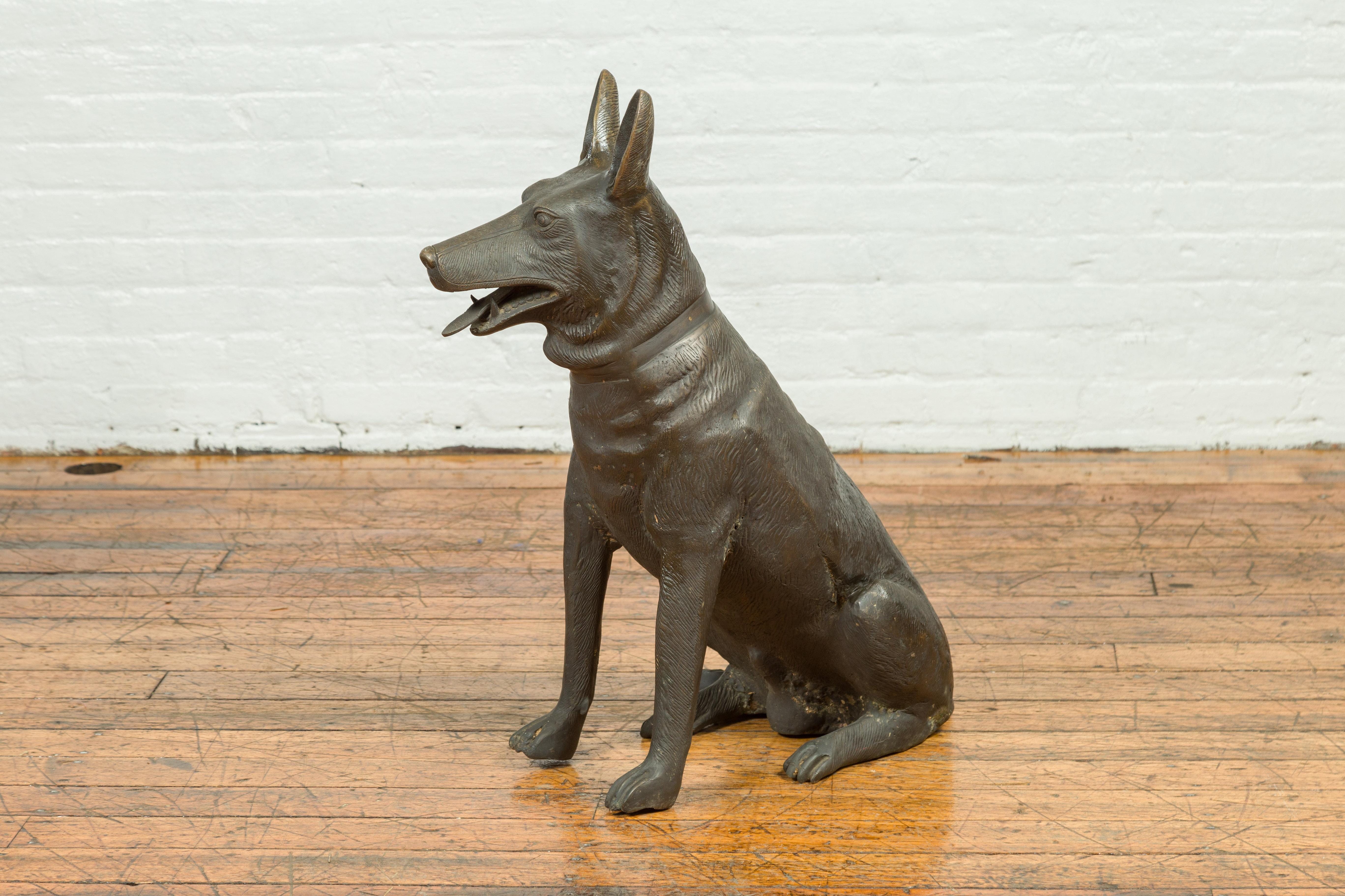 Contemporary Bronze Sculpture Depicting a German Shepherd with Dark Patina 6