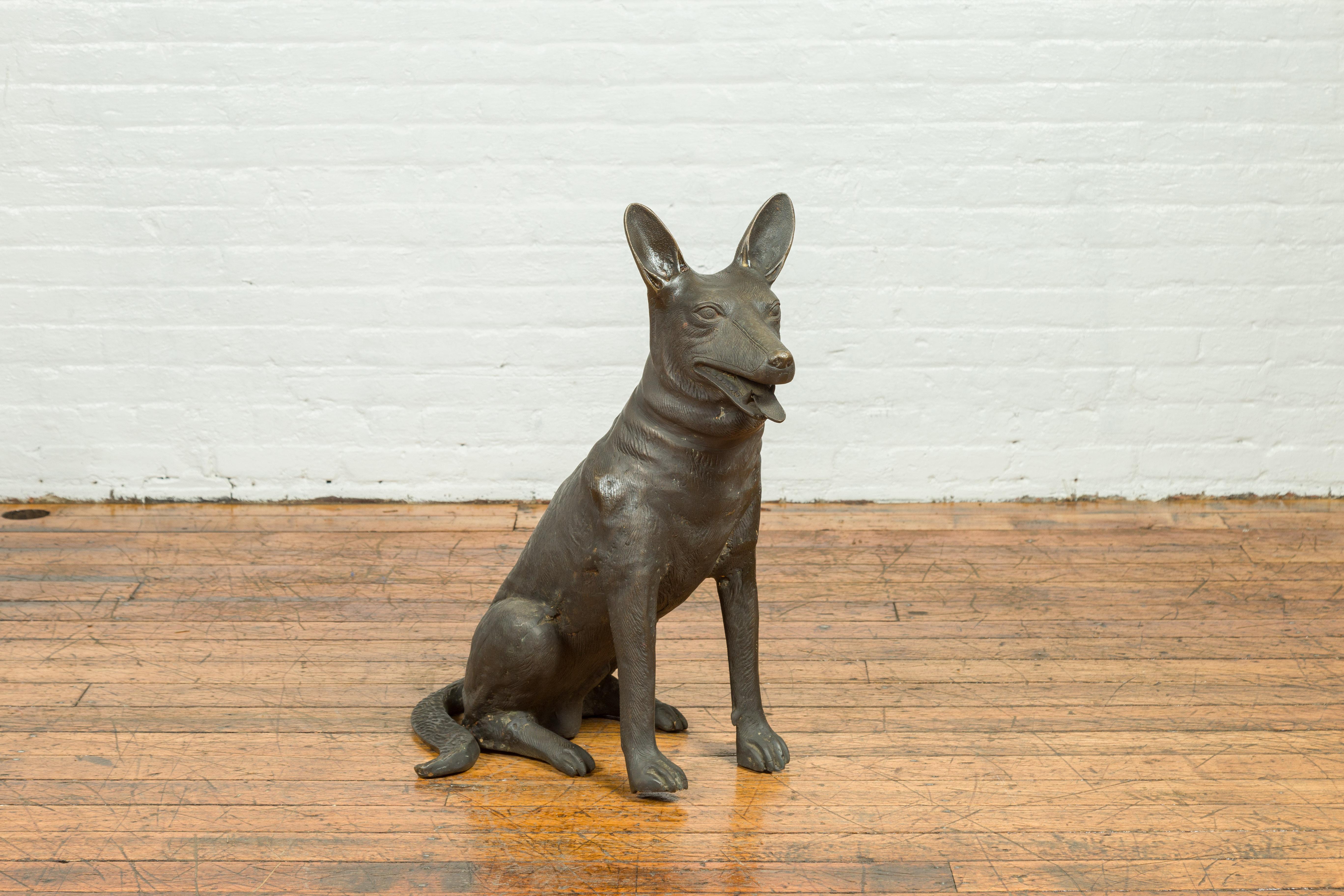 A contemporary bronze sculpture depicting a sitting German Shepherd with dark patina. Created with the traditional technique of the lost-wax (à la cire perdue) that allows a great precision and finesse in the details, this statue depicts a handsome