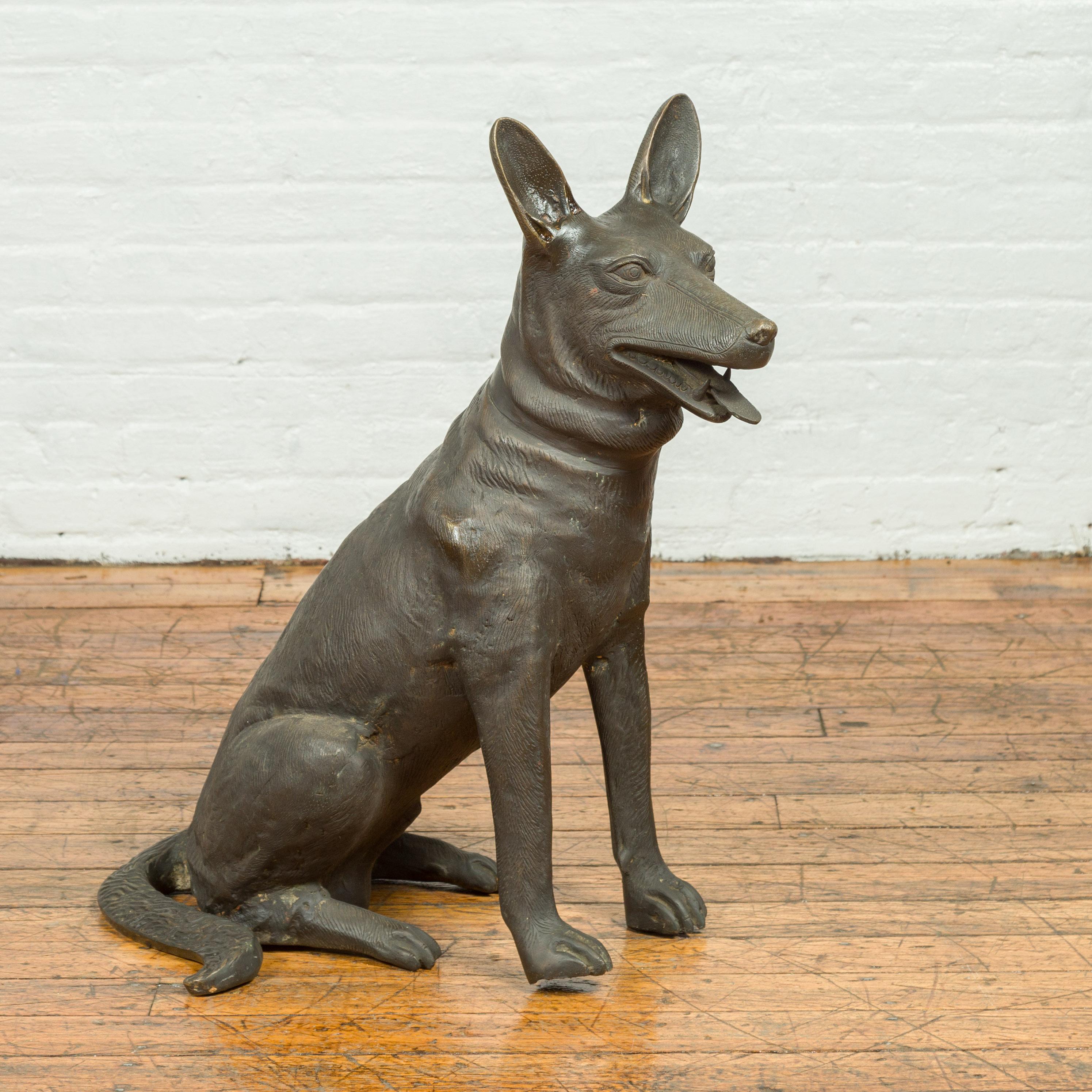 Contemporary Bronze Sculpture Depicting a German Shepherd with Dark Patina In Good Condition In Yonkers, NY
