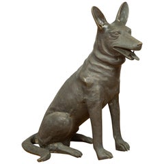 Contemporary Bronze Sculpture Depicting a German Shepherd with Dark Patina