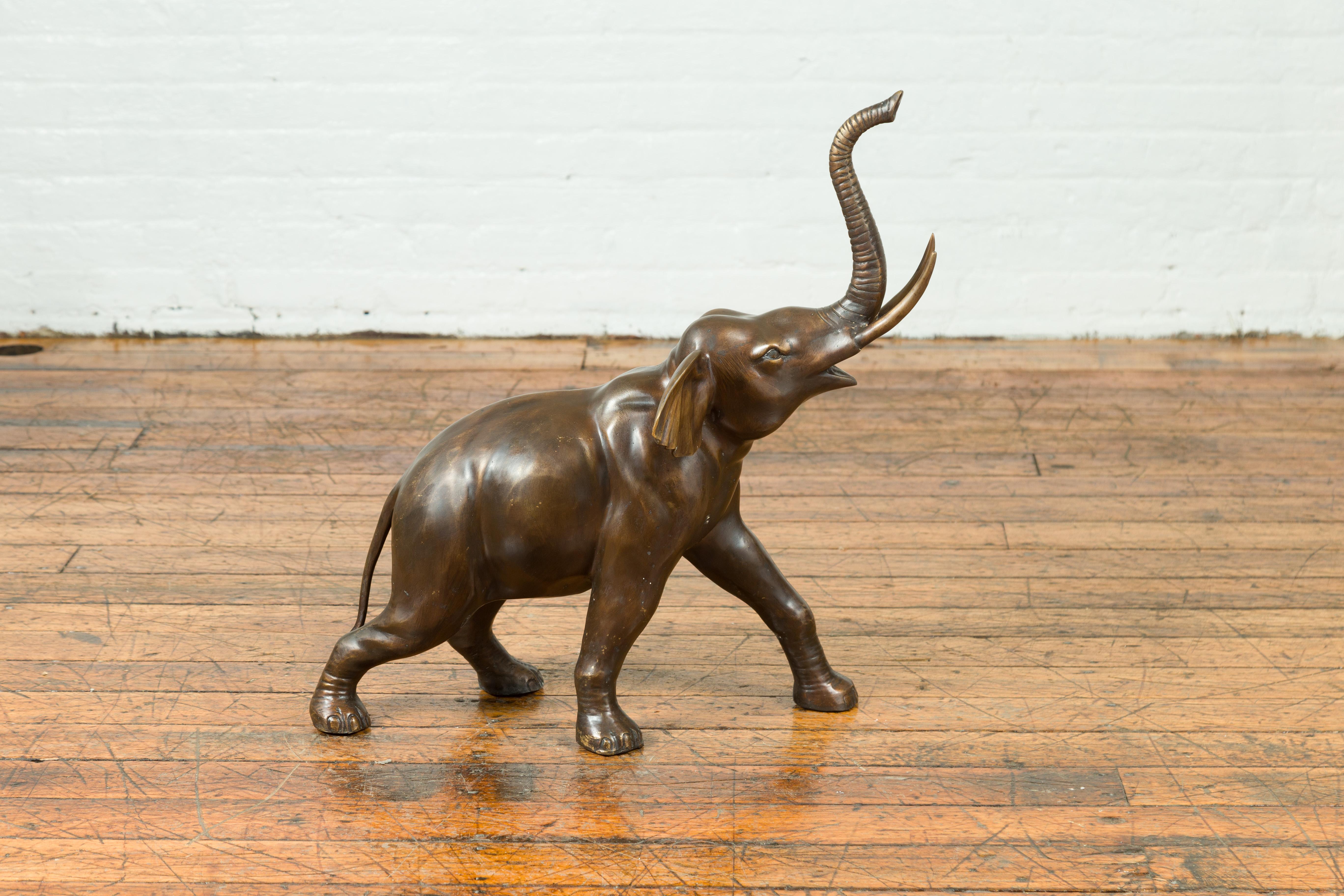 Contemporary Bronze Sculpture of a Trumpeting Elephant with Trunk Up In Good Condition For Sale In Yonkers, NY