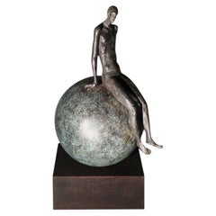 Contemporary Bronze Sculpture of Seated Man on Sphere, Germany, 18”