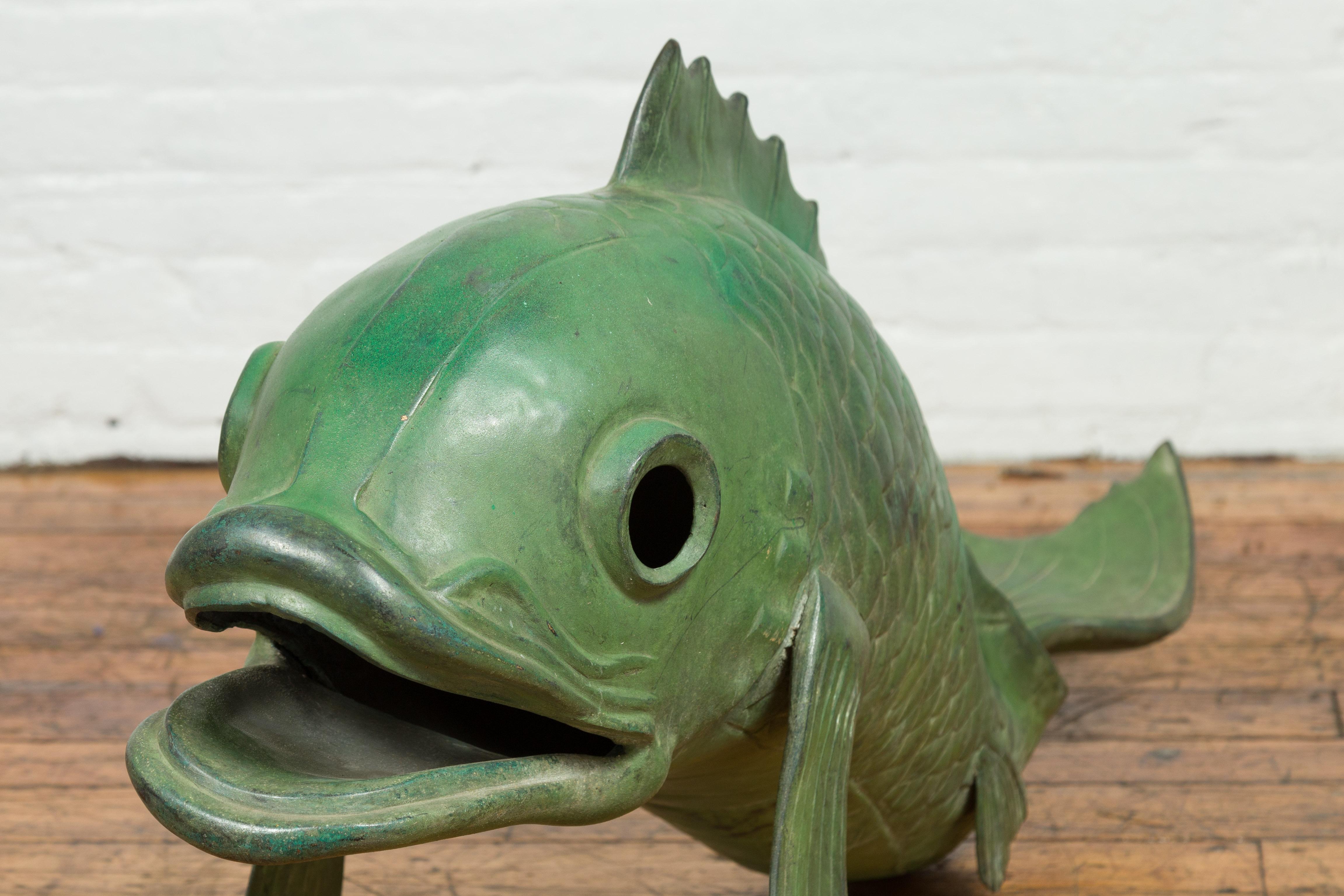 Contemporary Bronze Swimming Carp Sculpture with Verde Patina In Good Condition In Yonkers, NY