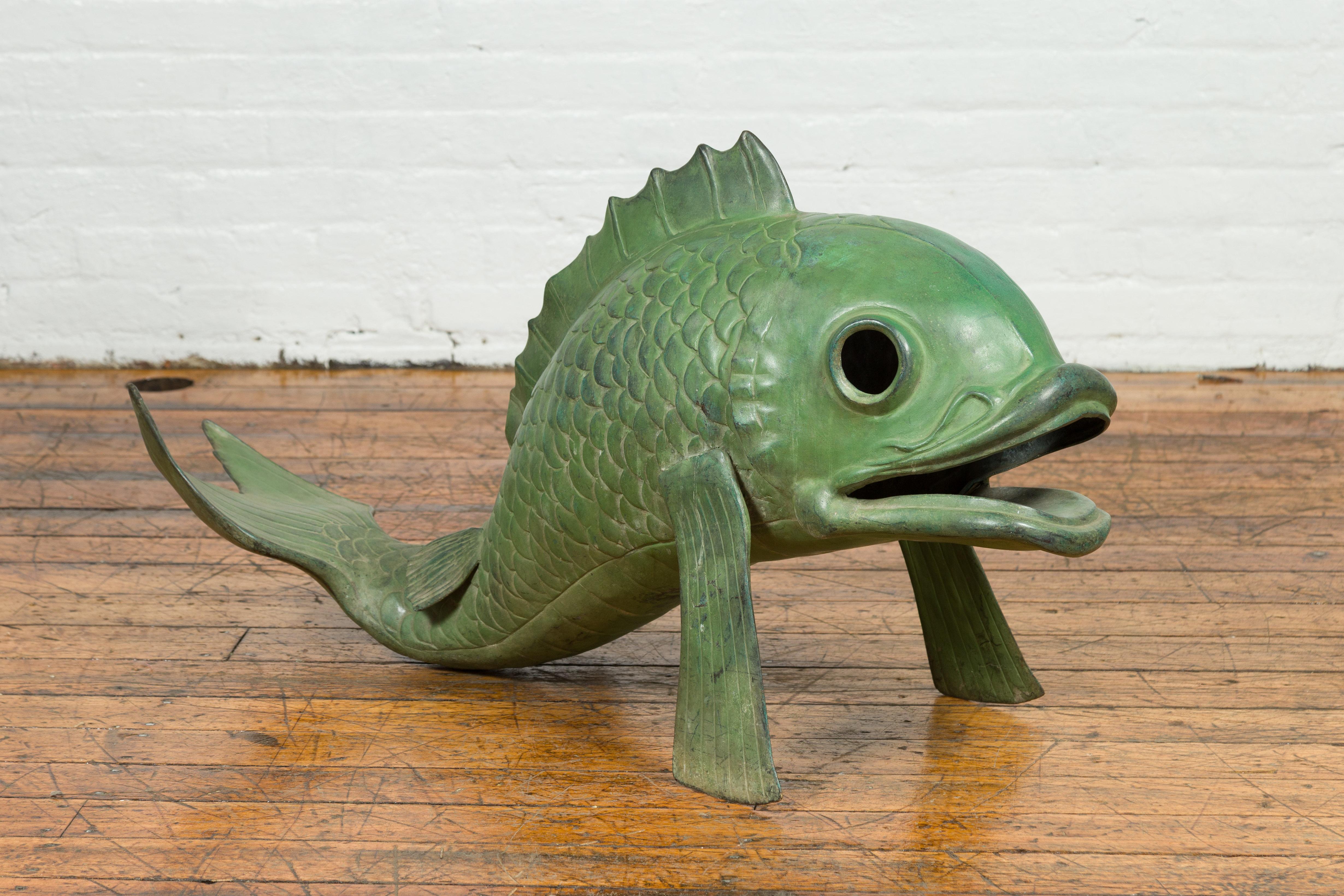 Contemporary Bronze Swimming Carp Sculpture with Verde Patina 1