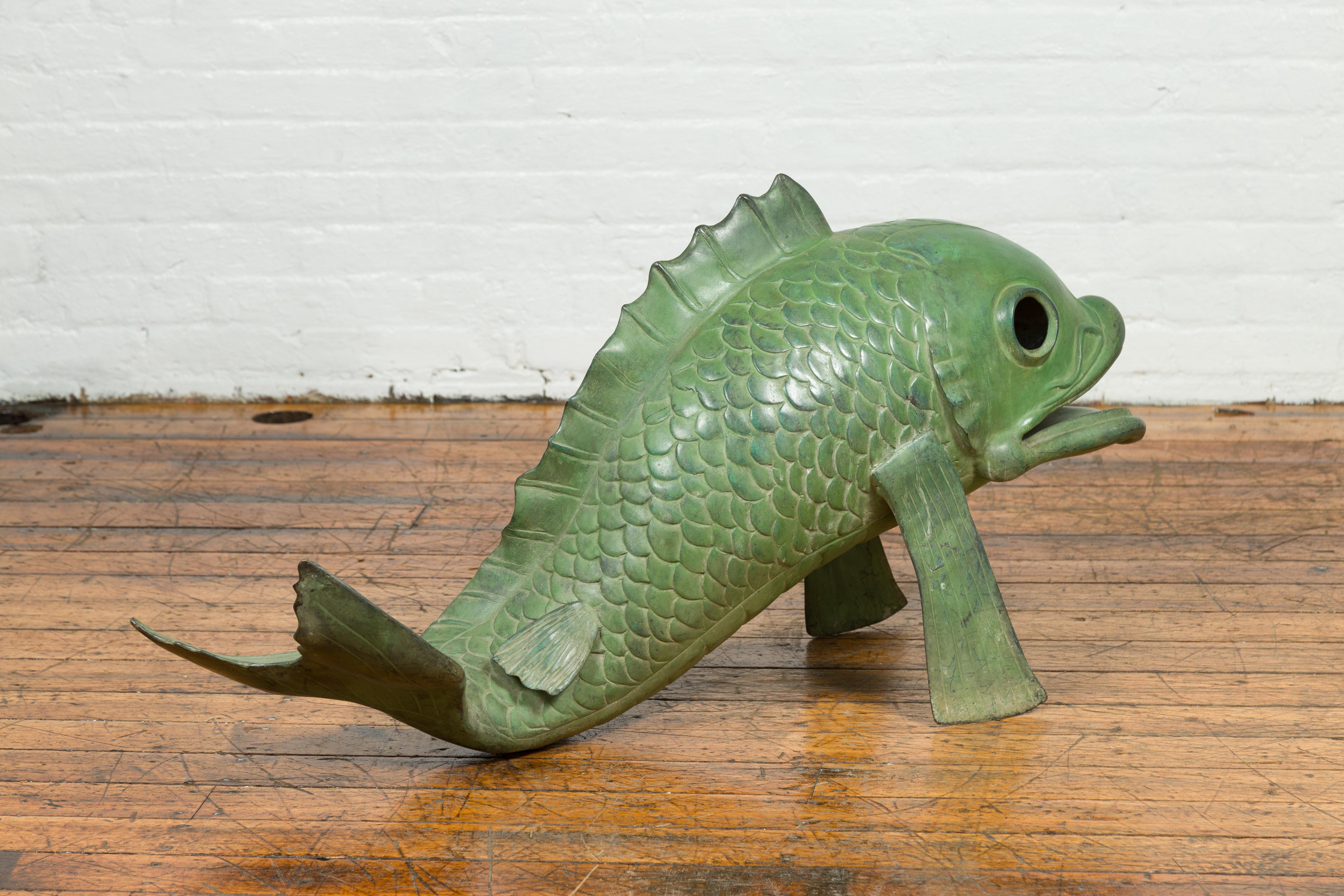 Contemporary Bronze Swimming Carp Sculpture with Verde Patina 2