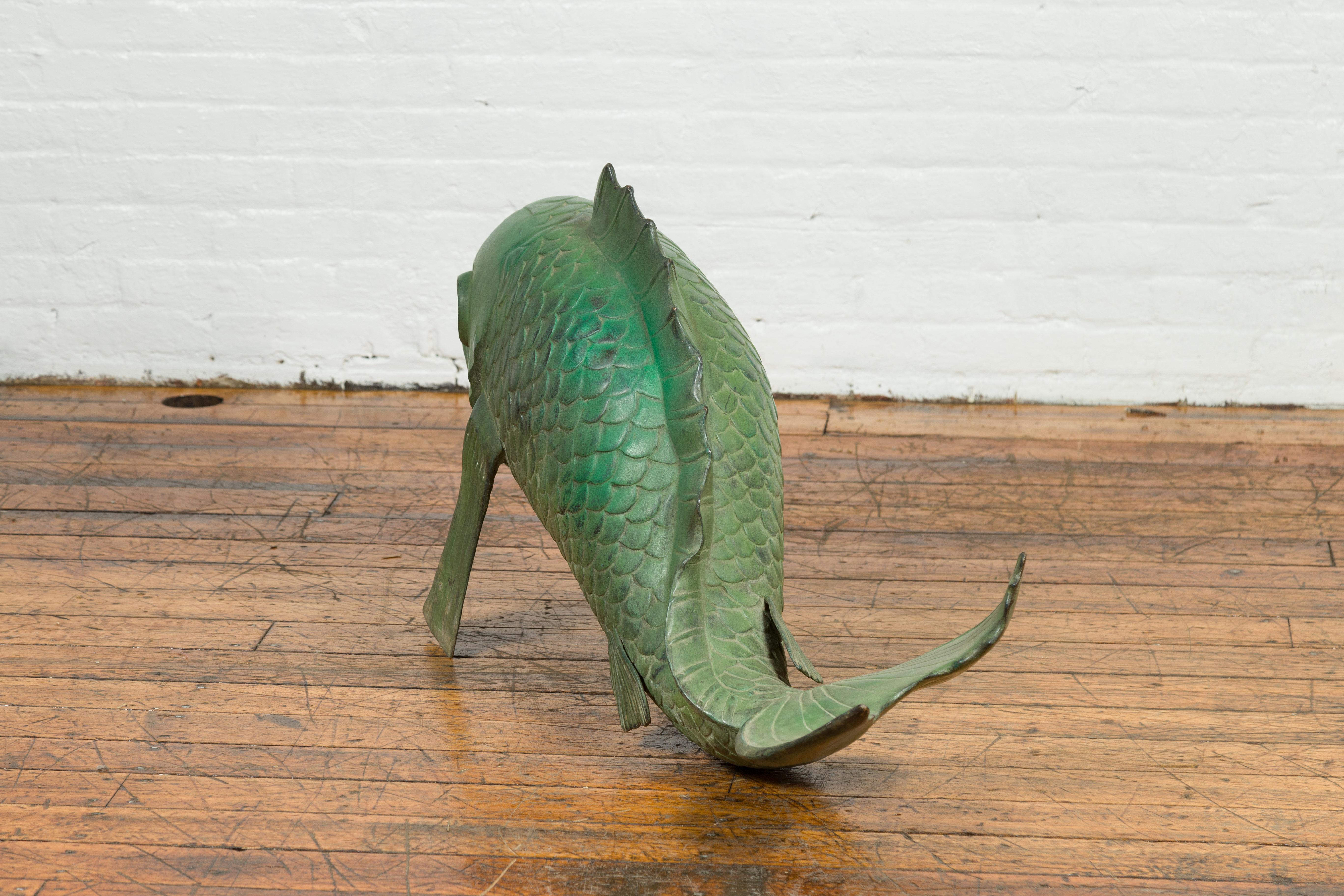 Contemporary Bronze Swimming Carp Sculpture with Verde Patina 4