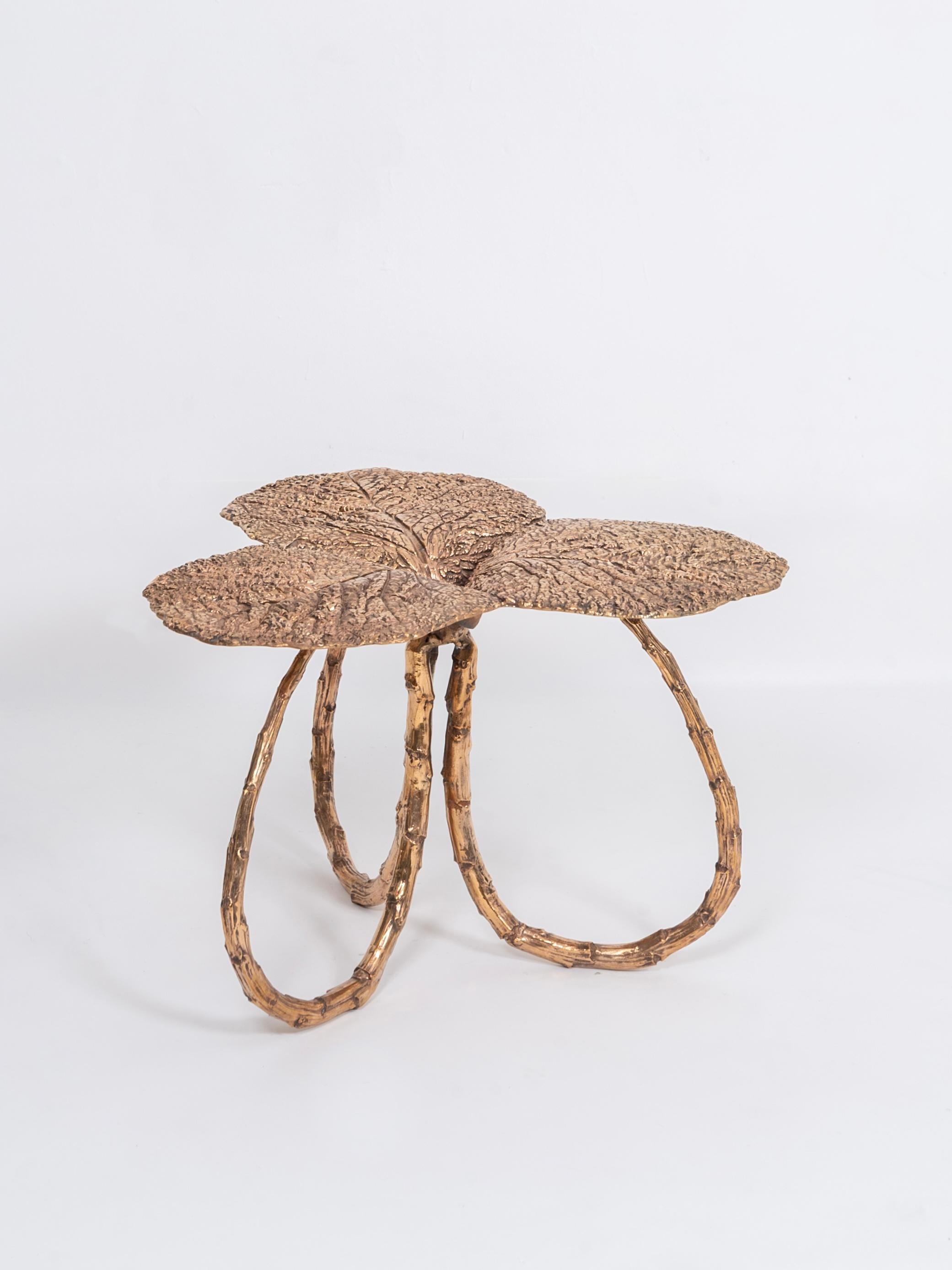 Follia Clover Coffee Table by Clotilde Ancarani 
Material: Bronze, gold patina
Dimensions; H 45 x Ø 65 cm
Year: 2020
Type: Limited edition of 8 + 4 AP
Available in green, brown, and gold patina finishing, each of the finishes is an edition of 8