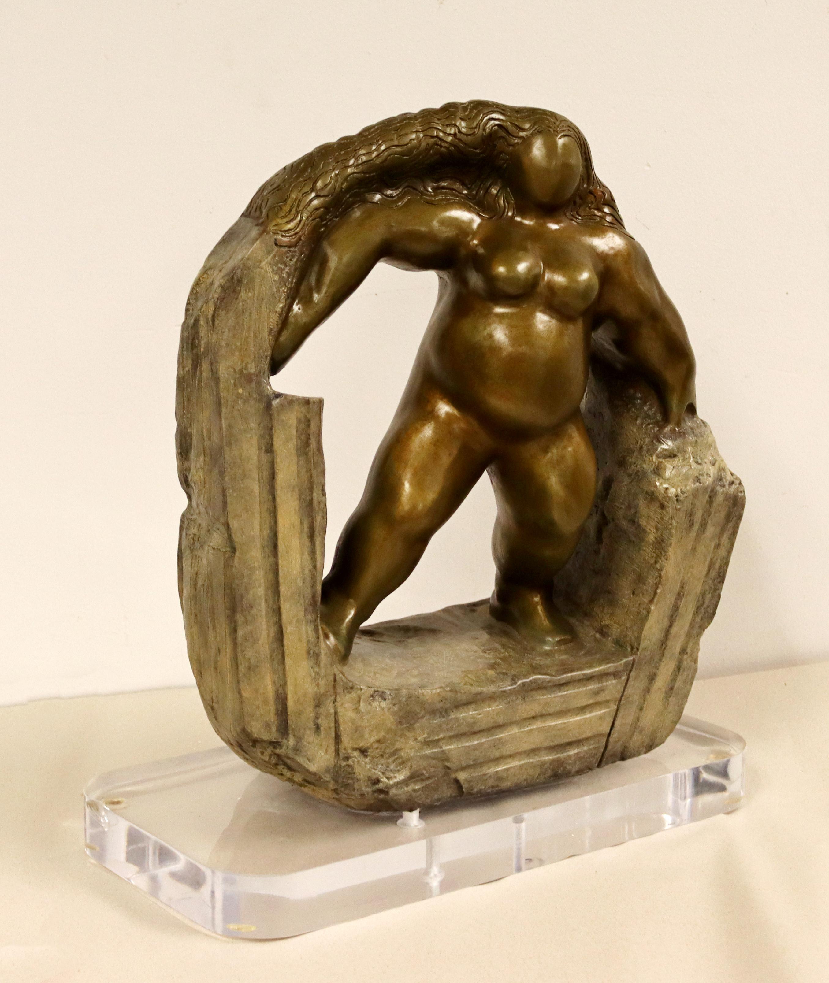 For your consideration is a marvelous, bronze table sculpture, on an acrylic lucite base, depicting a nude woman, 