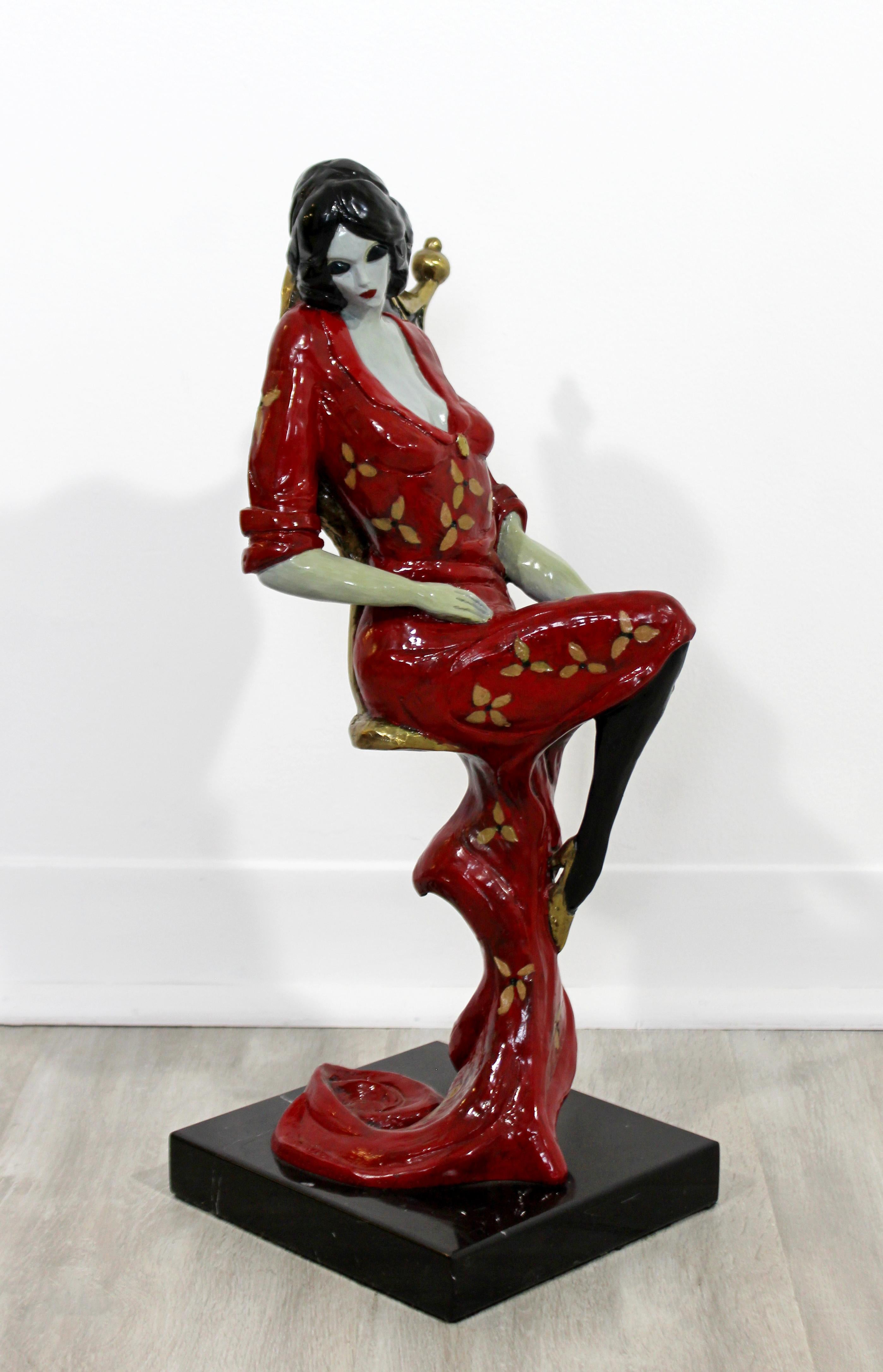 Israeli Contemporary Bronze Table Sculpture Lady in Red Signed Inscribed Tarkay 1994 COA