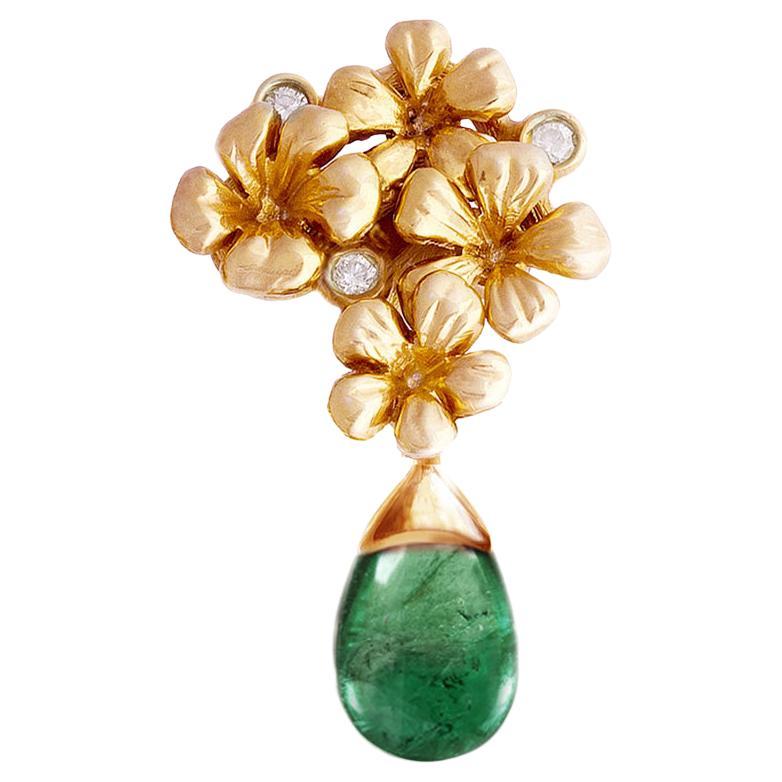 Contemporary Brooch in Eighteen Karat Rose Gold with Emerald and Diamonds