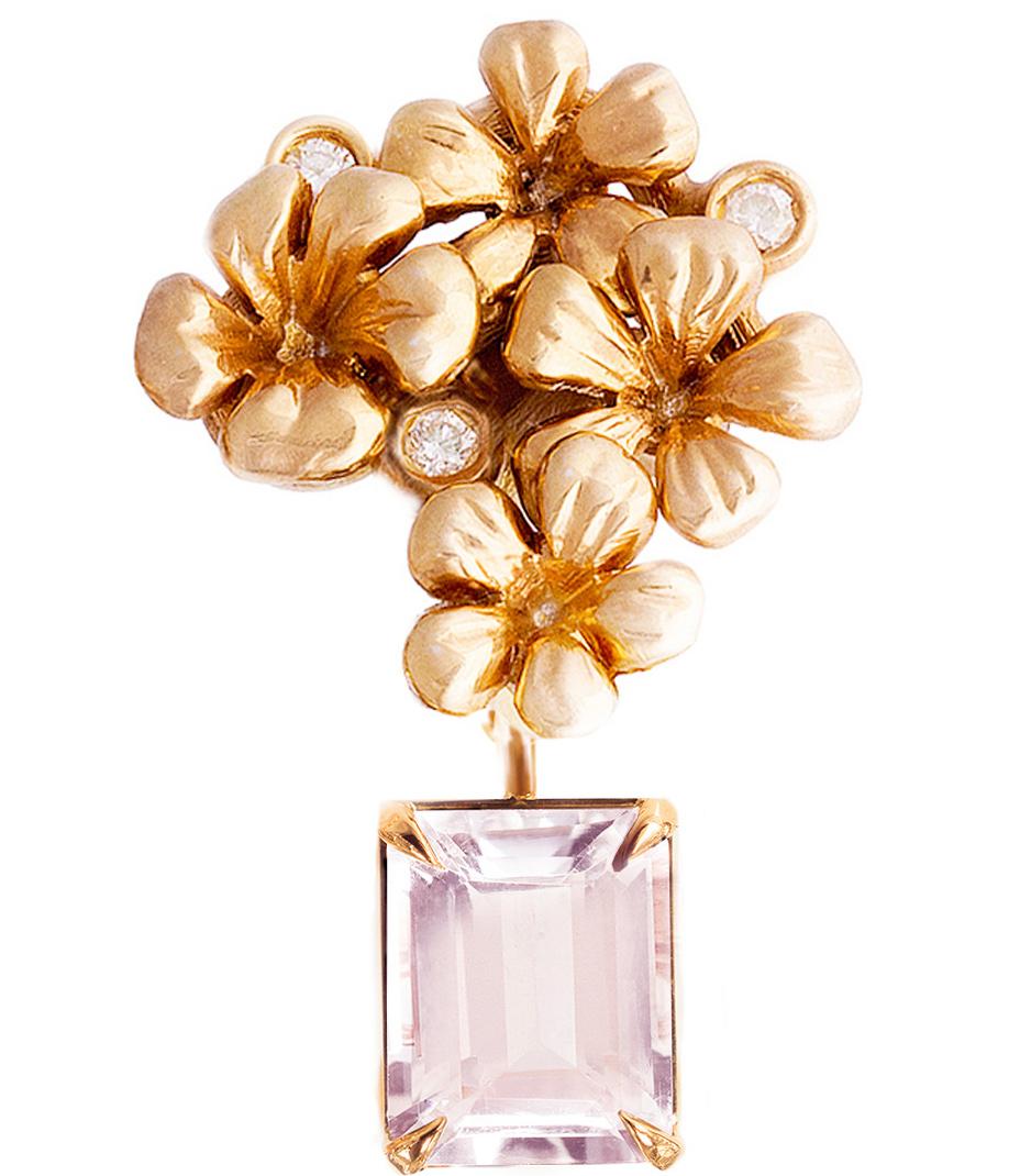 Broche Contemporáneo de Oro Rosa de 18 Kilates con Morganita Natural y Diamantes Corte octogonal en venta