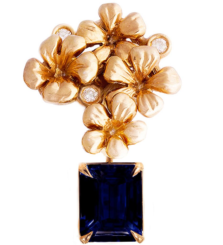 Octagon Cut Contemporary Brooch in Rose Gold with Natural Sapphire and Diamonds For Sale