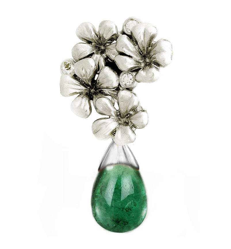 This contemporary floral brooch is made of 18 karat white gold with detachable natural cabochon green emerald drop (3.845 carats, 12x8 mm) and 3 round diamonds. The earrings from this collection were featured in Vogue UA review. A piece is designed