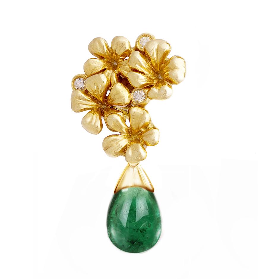 White Gold Contemporary Floral Brooch with Green Emerald with Diamonds For Sale 3