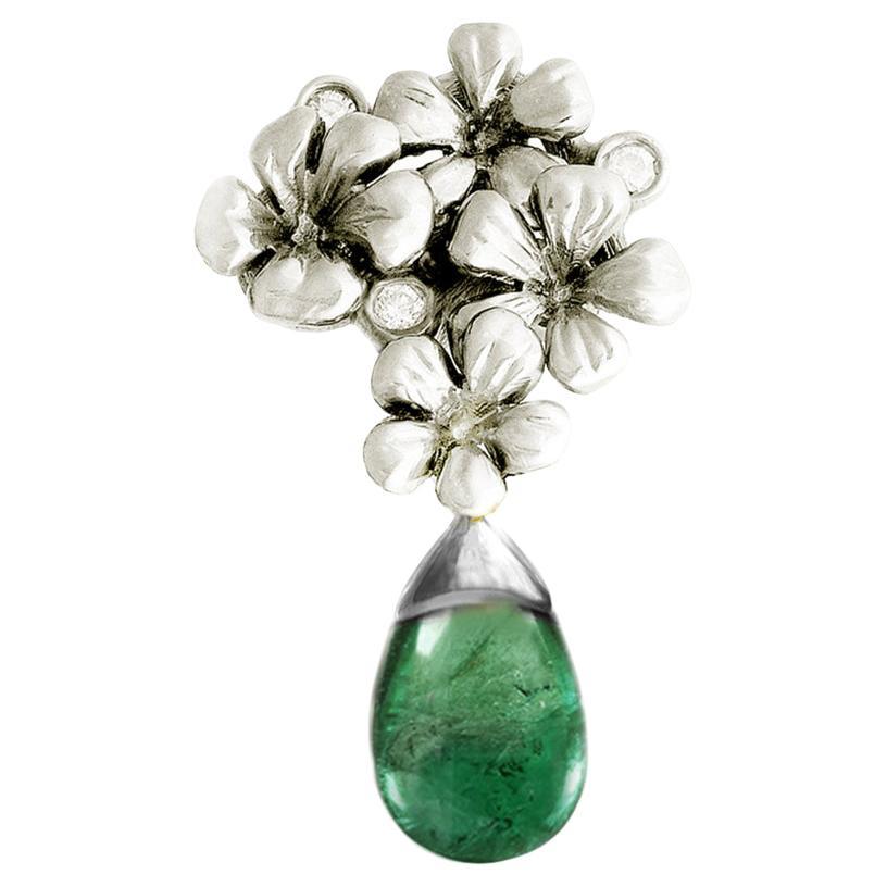White Gold Contemporary Floral Brooch with Green Emerald with Diamonds