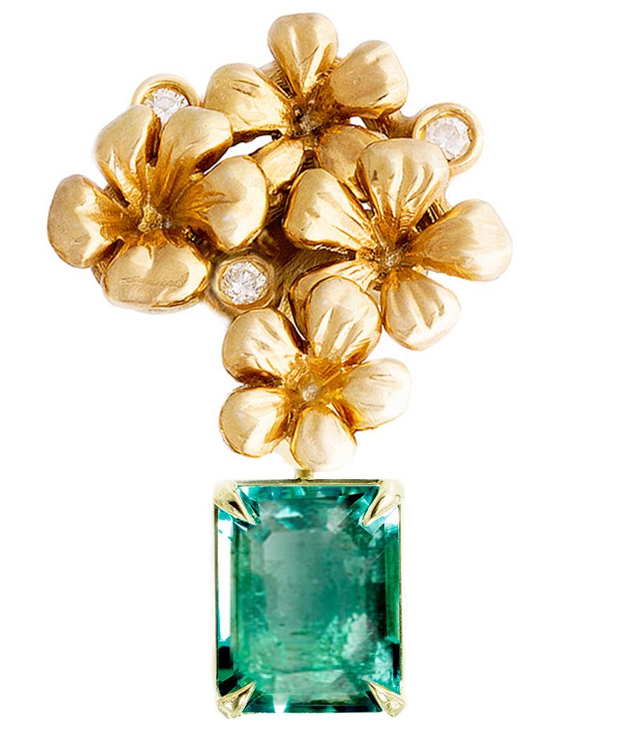 Octagon Cut Contemporary Brooch in 18 Karat Yellow Gold with Natural Emerald and Diamonds For Sale