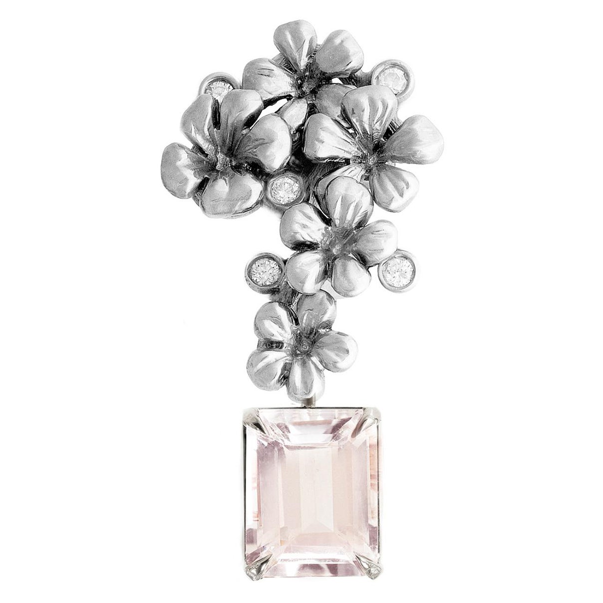 Broche Contemporáneo de Oro Blanco con Morganita Rosa Claro y Diamantes