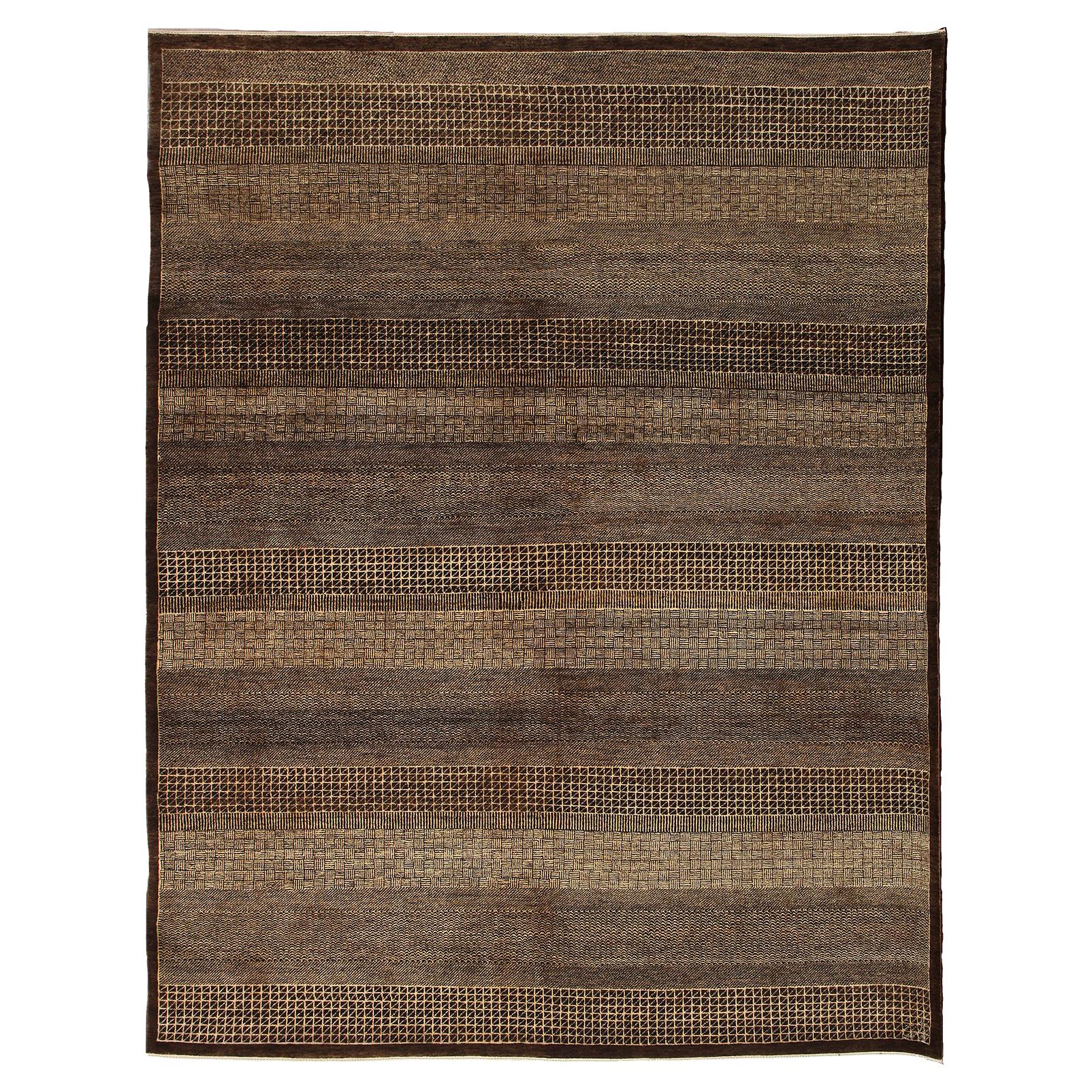 Minimalist Persian Rug, Brown and Cream Wool, 8' x 10'