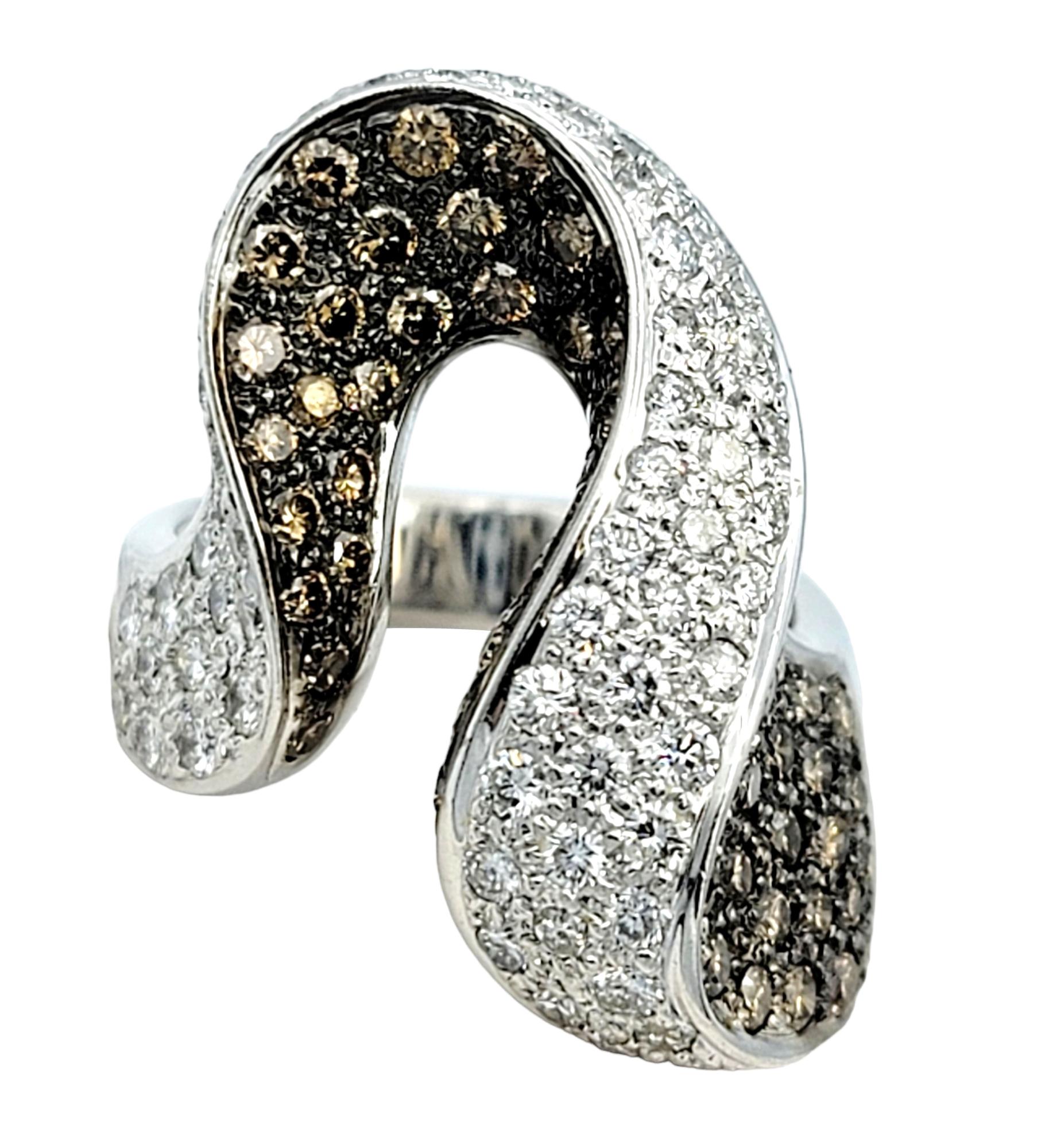 Contemporary Brown and White Diamond Asymmetric Swirl Ring 18 Karat White Gold