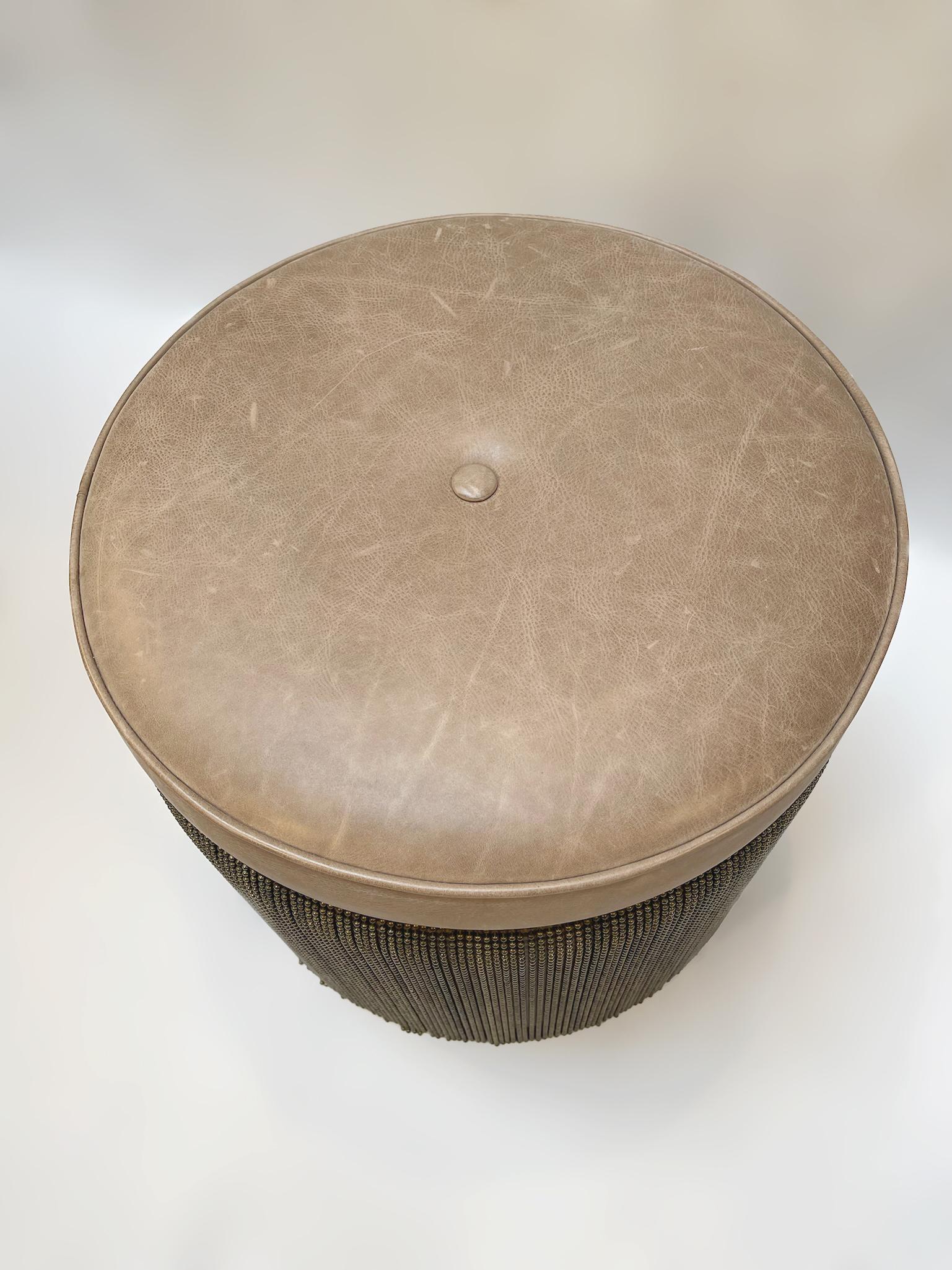 Hollywood Regency Contemporary Brown Cowhide Leather Ottoman Stool with Bronze Metal Fringe For Sale