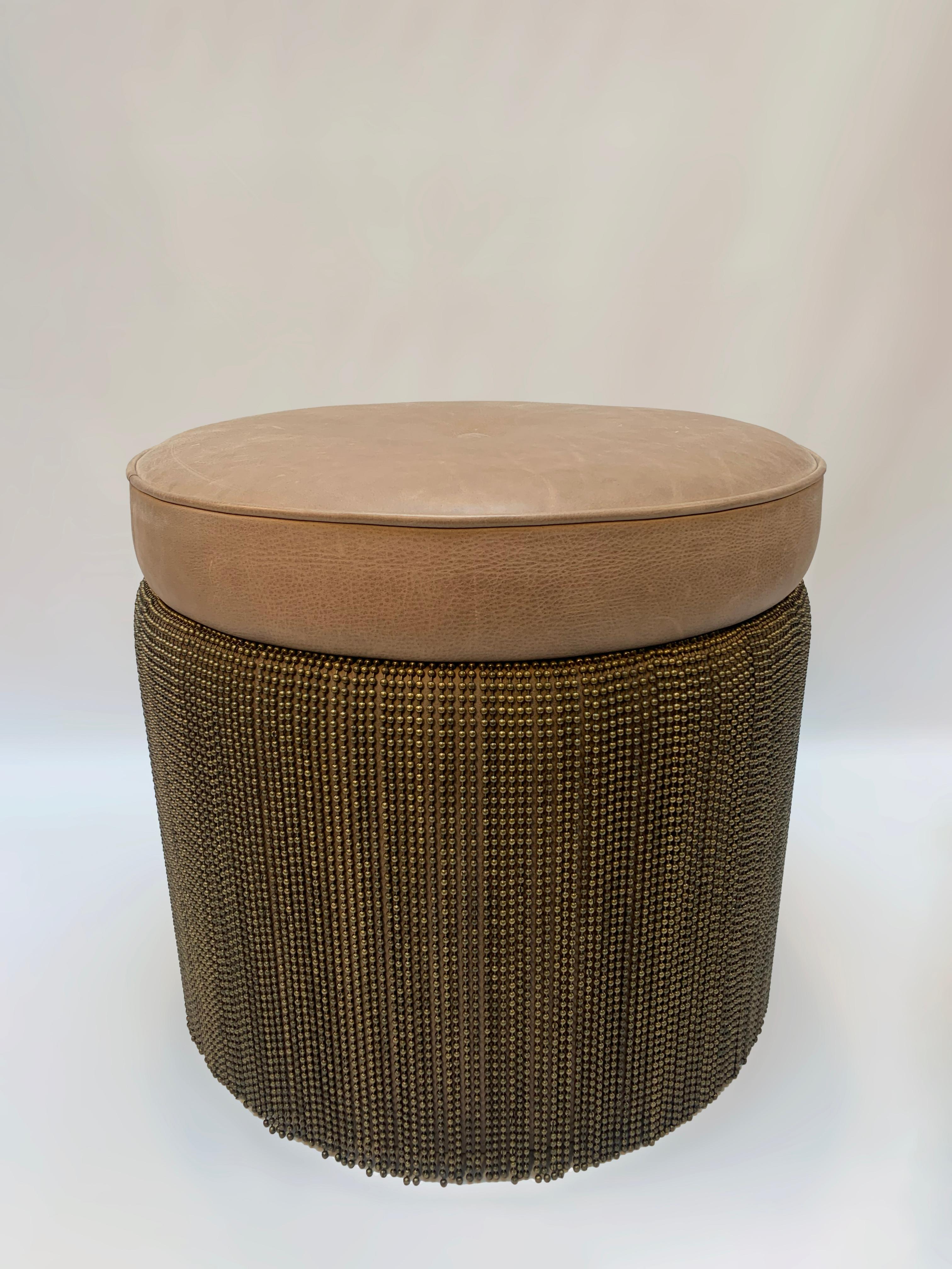 British Contemporary Brown Cowhide Leather Ottoman Stool with Bronze Metal Fringe For Sale