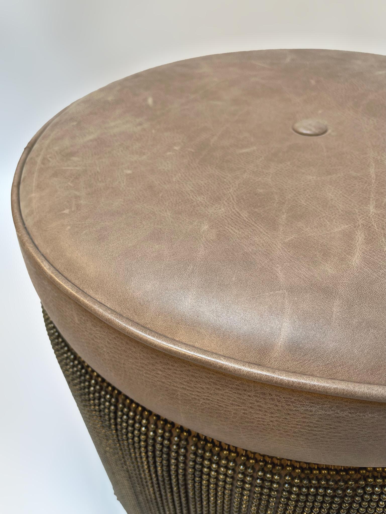 Hand-Crafted Contemporary Brown Cowhide Leather Ottoman Stool with Bronze Metal Fringe For Sale