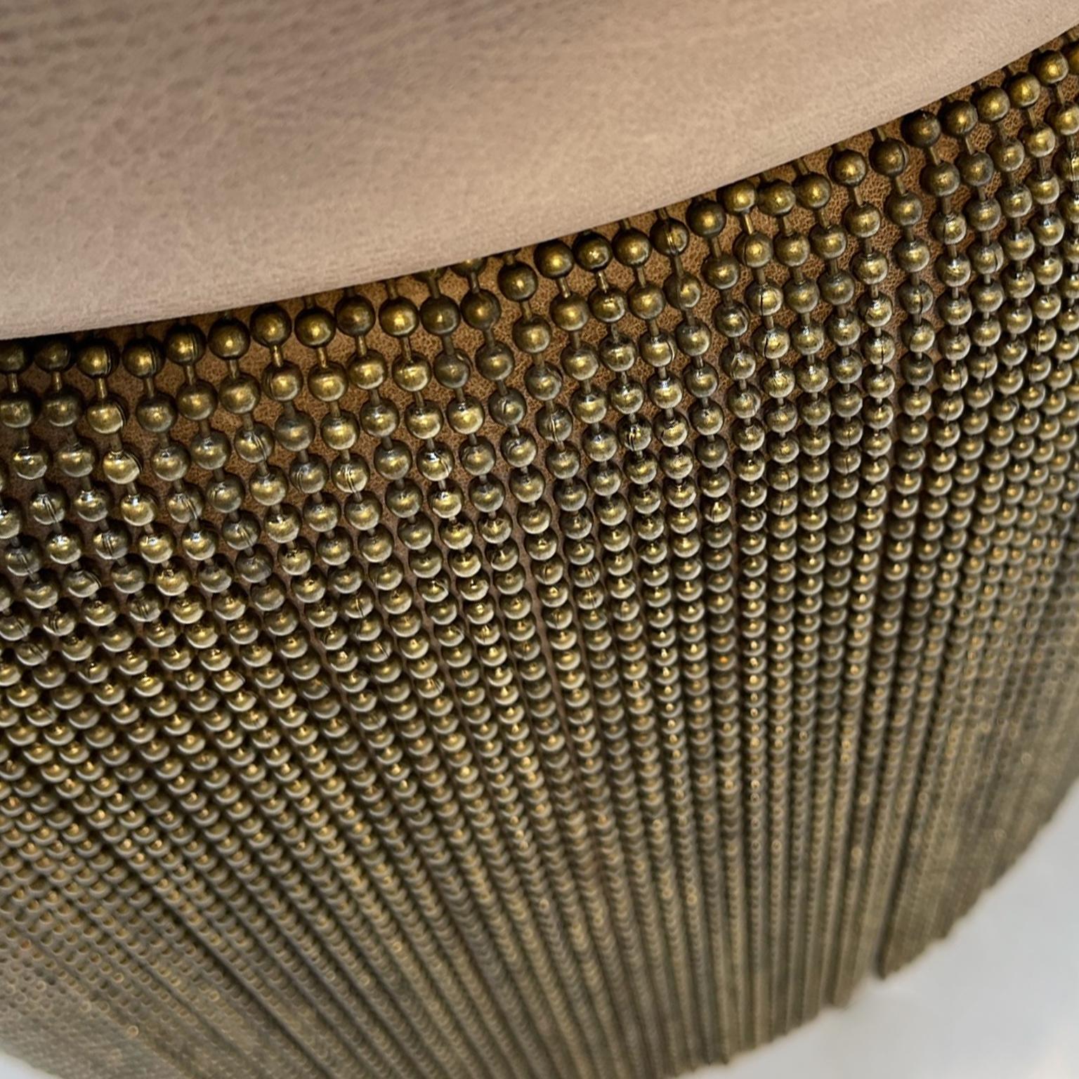 Brass Contemporary Brown Cowhide Leather Ottoman Stool with Bronze Metal Fringe For Sale