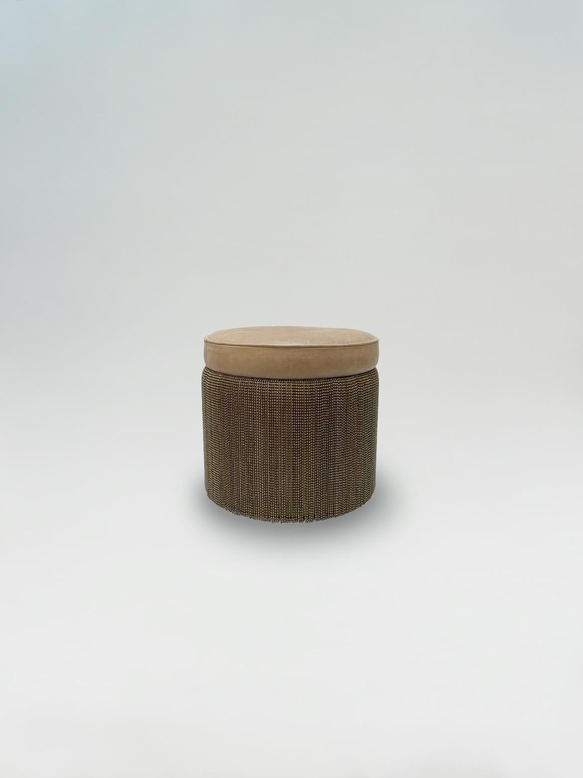 Contemporary Brown Cowhide Leather Ottoman Stool with Bronze Metal Fringe For Sale 1